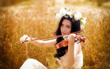 обоя музыка, -другое, азиатка, девушка, скрипка