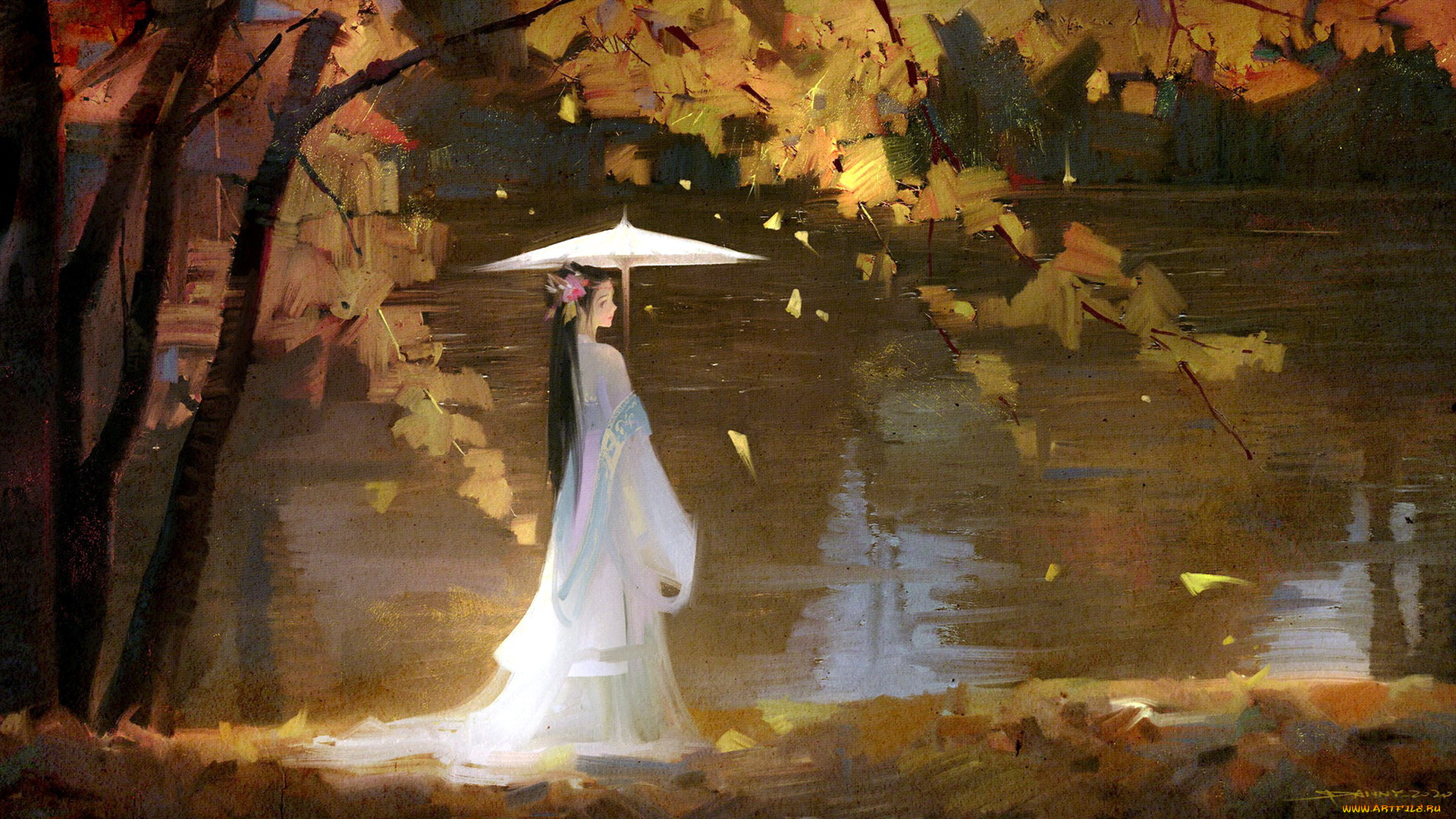 рисованное, люди, девушка, зонт, осень, озеро