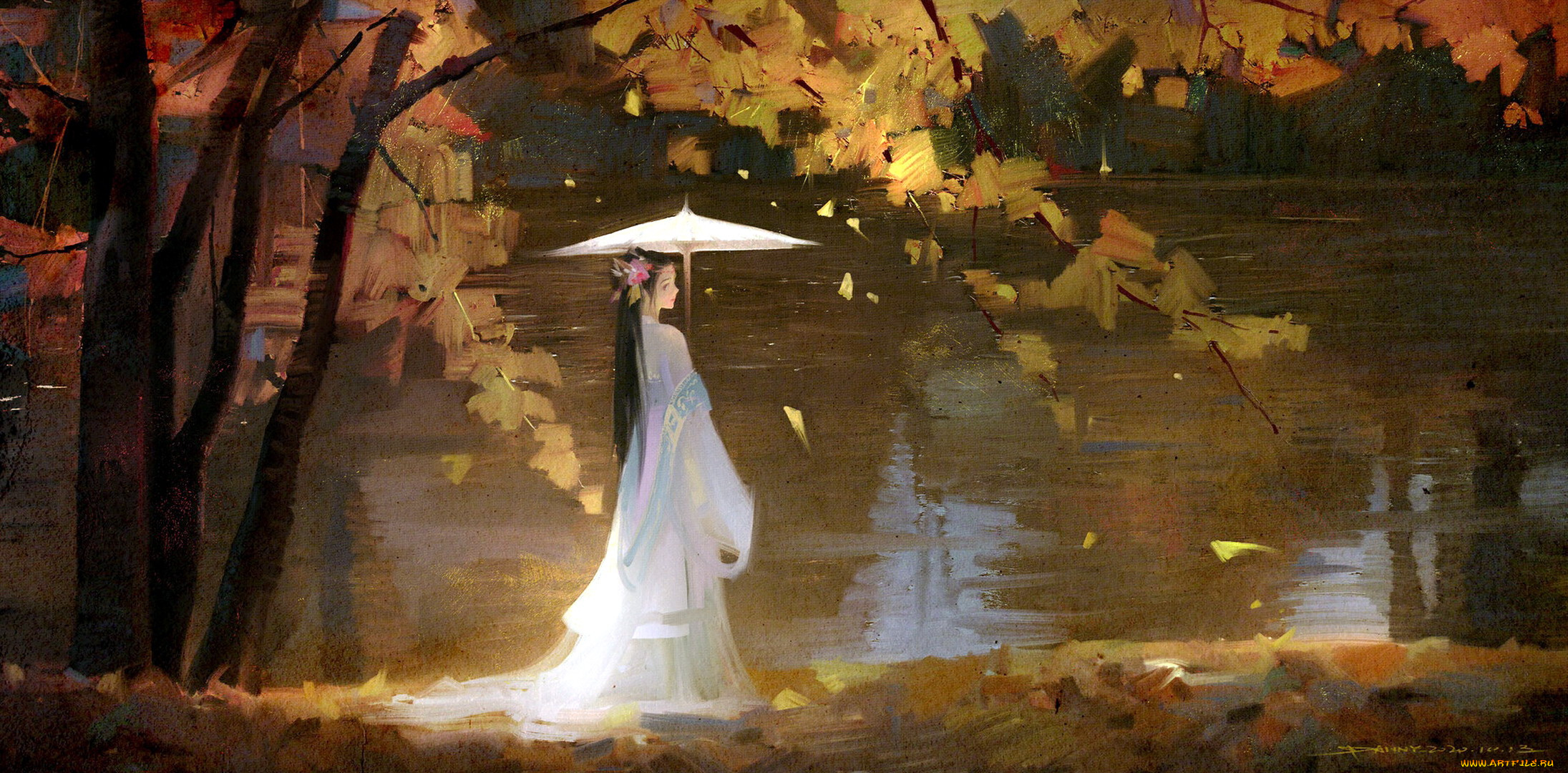 рисованное, люди, девушка, зонт, осень, озеро