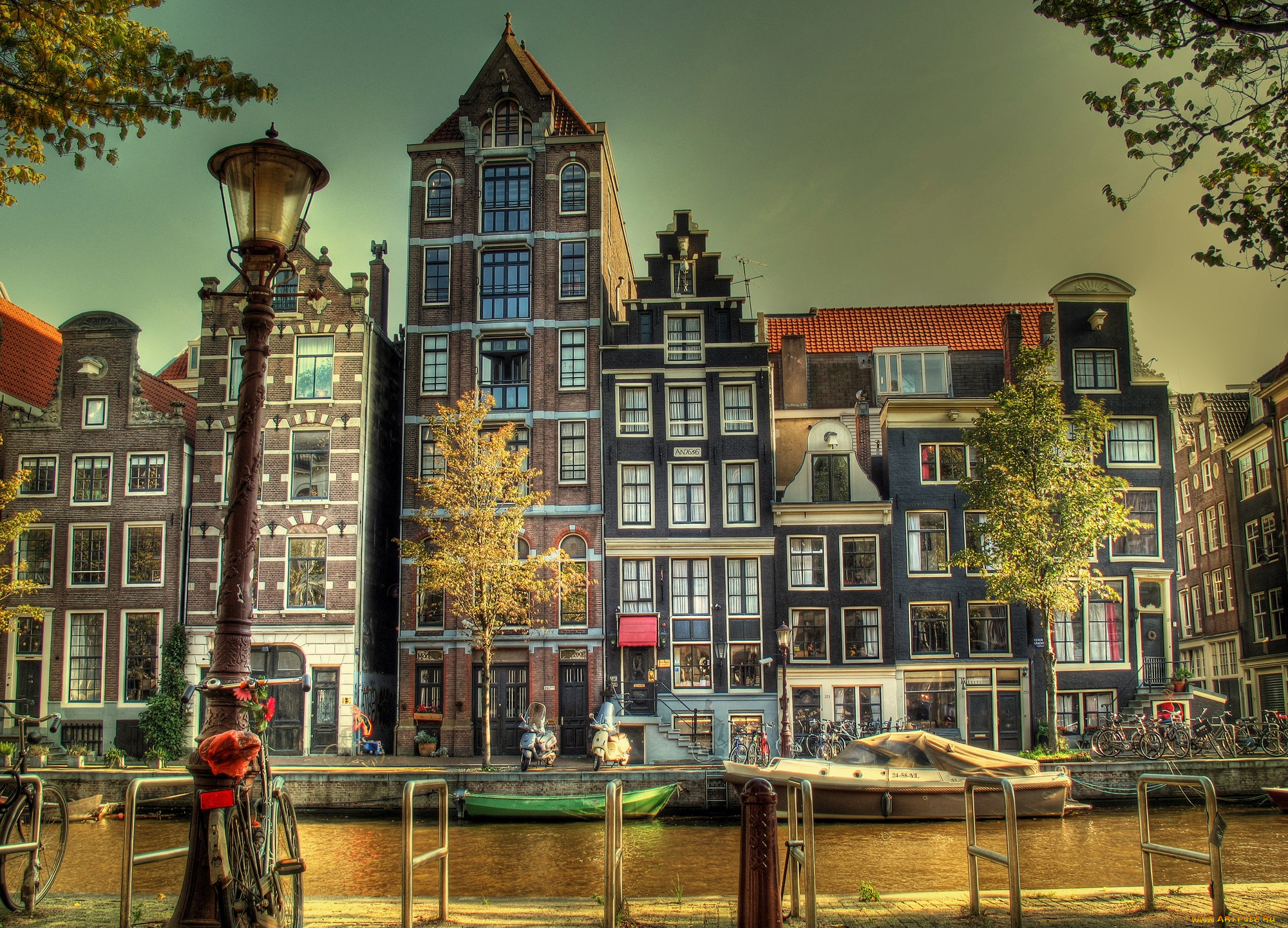 города, амстердам, нидерланды, причал, фонари, дома
