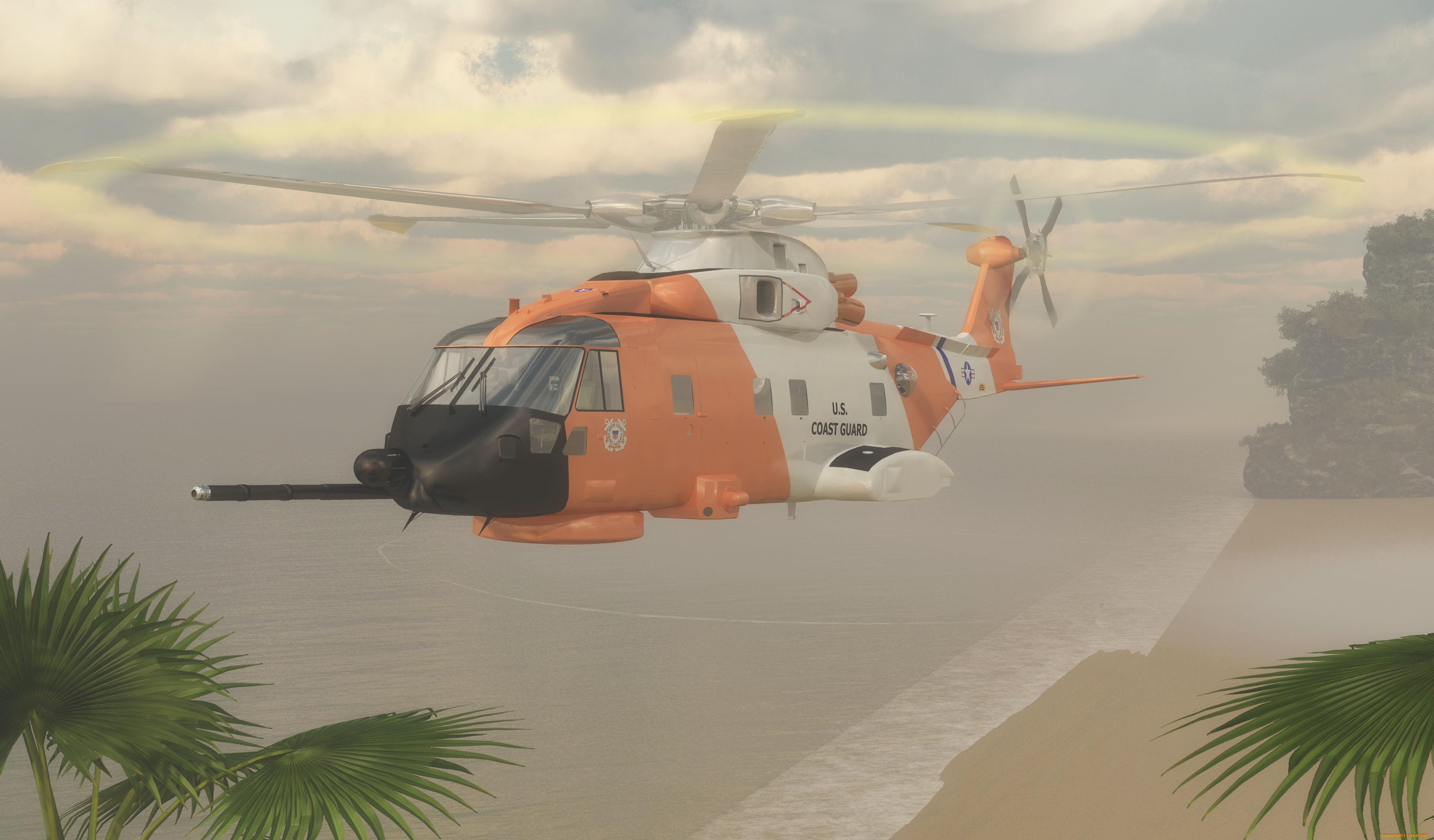 авиация, 3д, рисованые, v-graphic, вертолет, море, пальмы