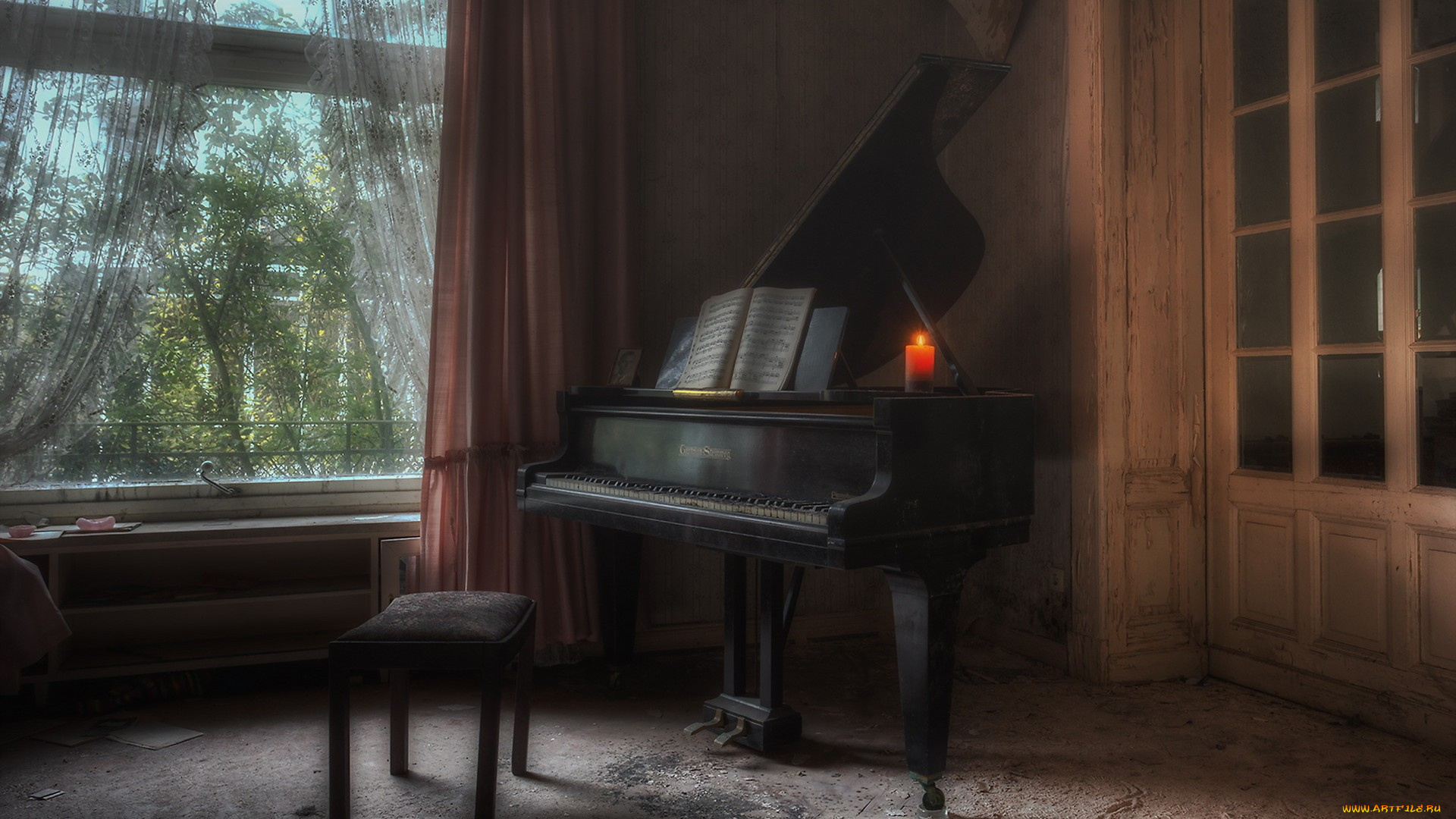 музыка, -музыкальные, инструменты, комната, рояль, окно, пианино, табурет, свеча