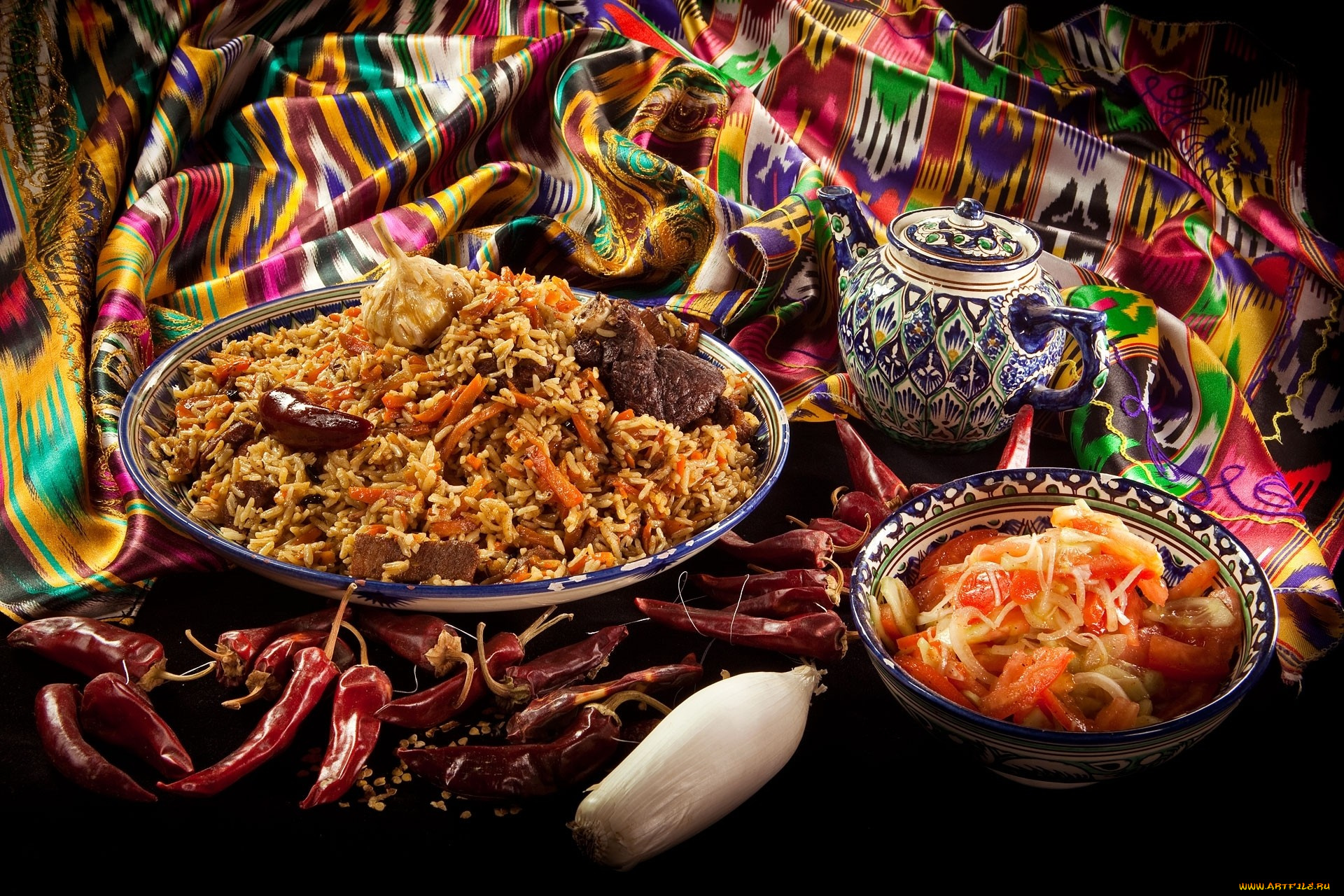 еда, вторые, блюда, лук, чили, перец, плов, узбекский, чайник