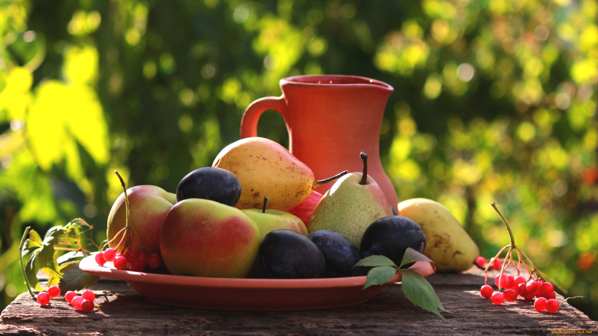 еда, фрукты, ягоды, груши, сливы, калина, кувшин, яблоки