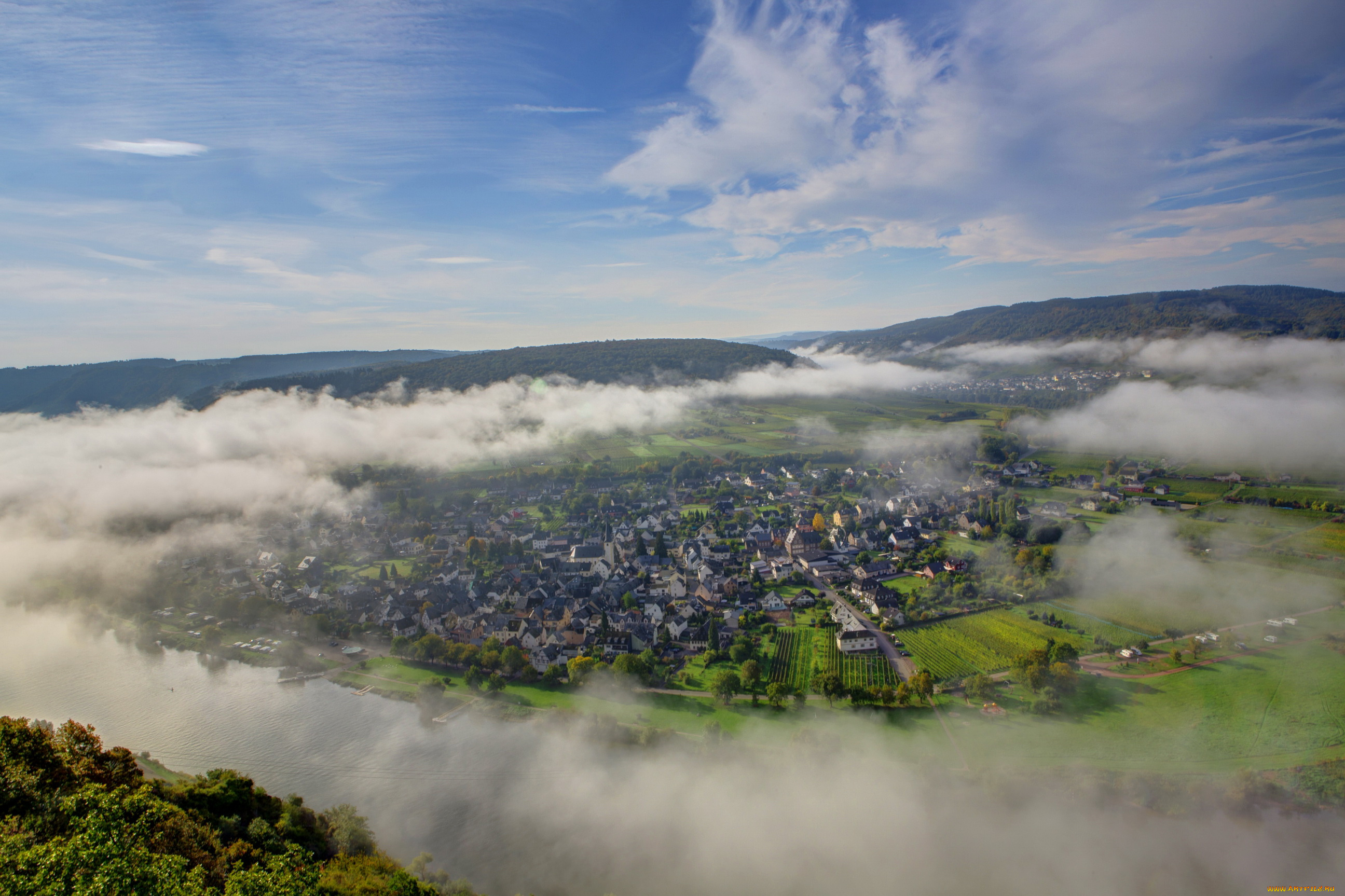 германия, целль, города, панорамы, панорама, туман, дома