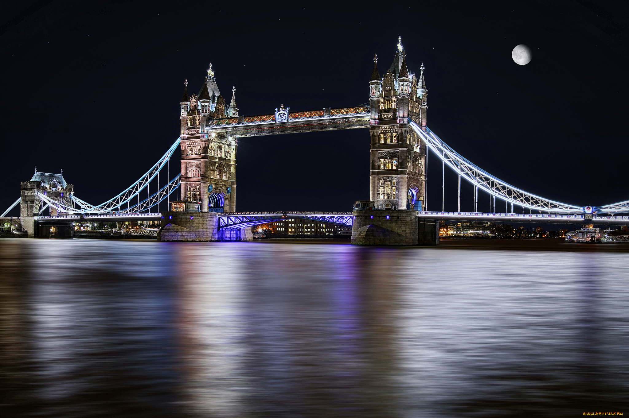 tower, bridge, города, лондон, , великобритания, огни, мост, ночь, река