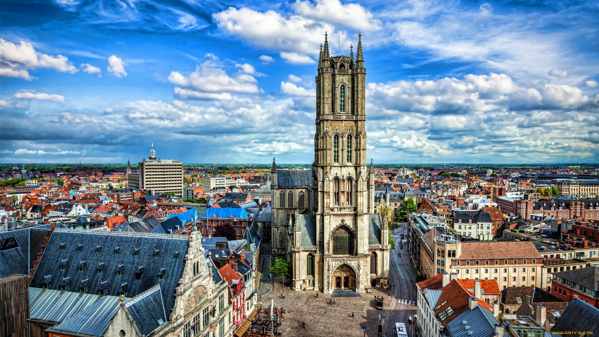 города, гент, , бельгия, панорама, собор