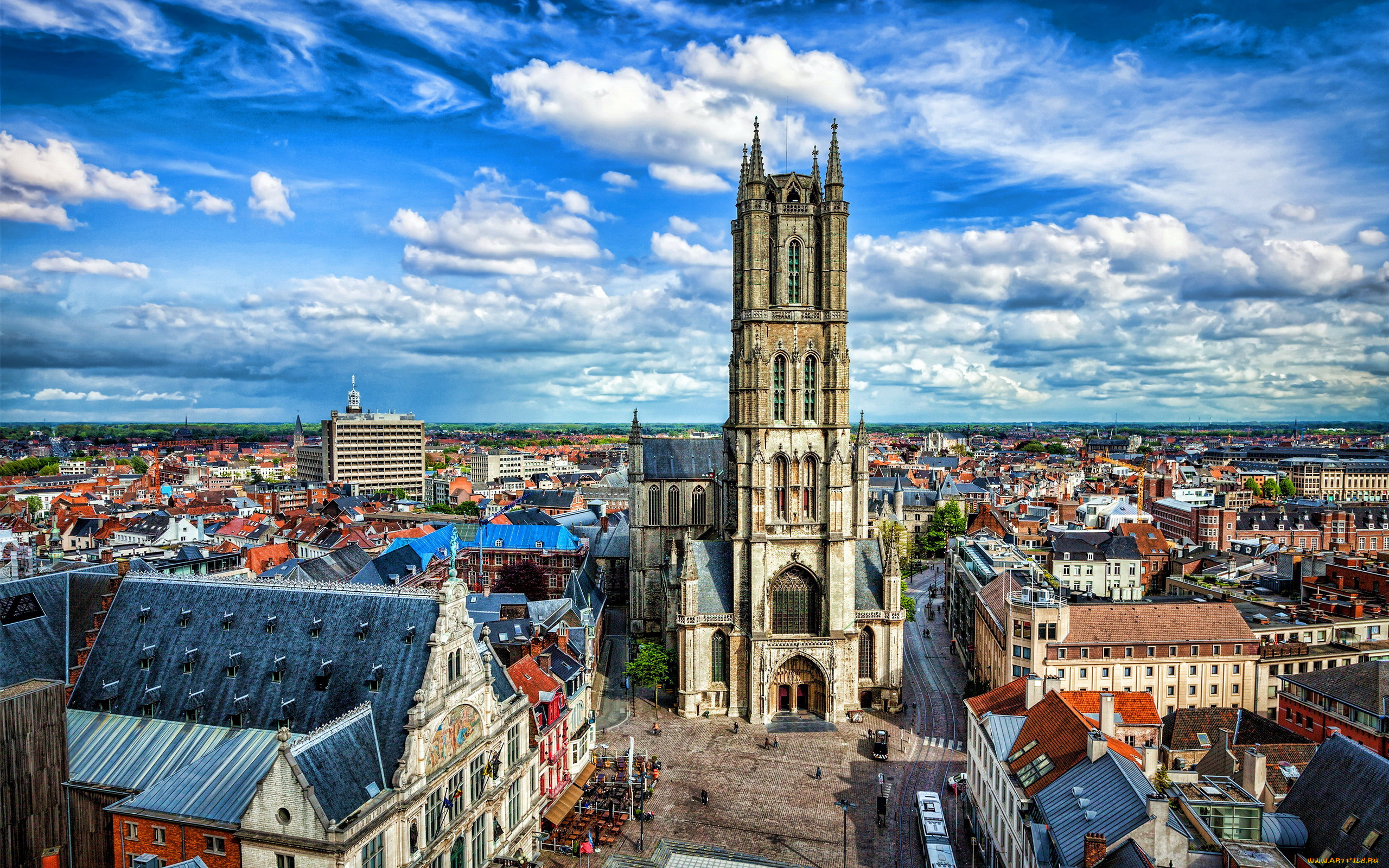 города, гент, , бельгия, панорама, собор
