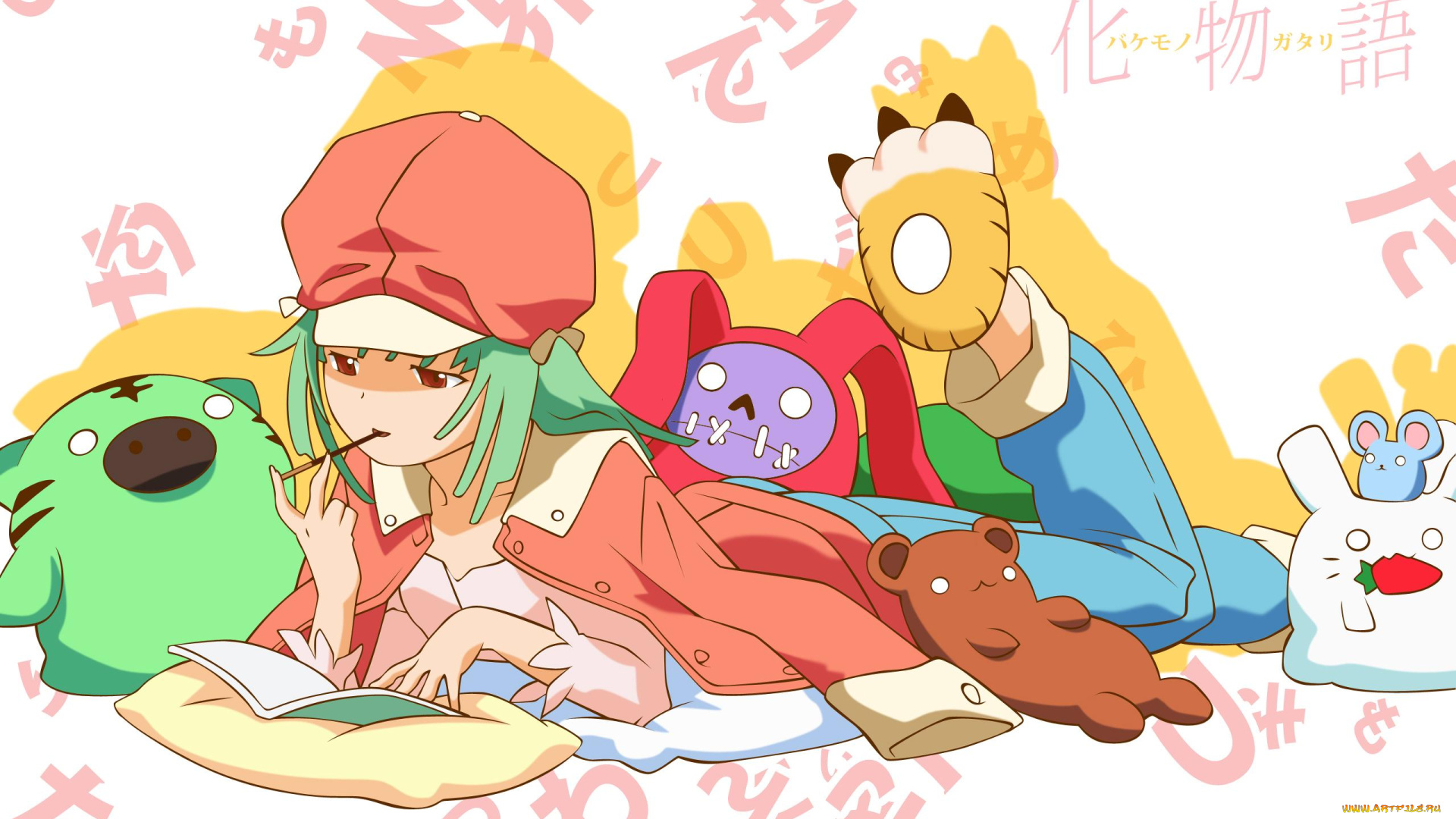 аниме, bakemonogatari, sengoku, nadeko, шляпа, пиджак, девушка, игрушки, еда, тетрадь