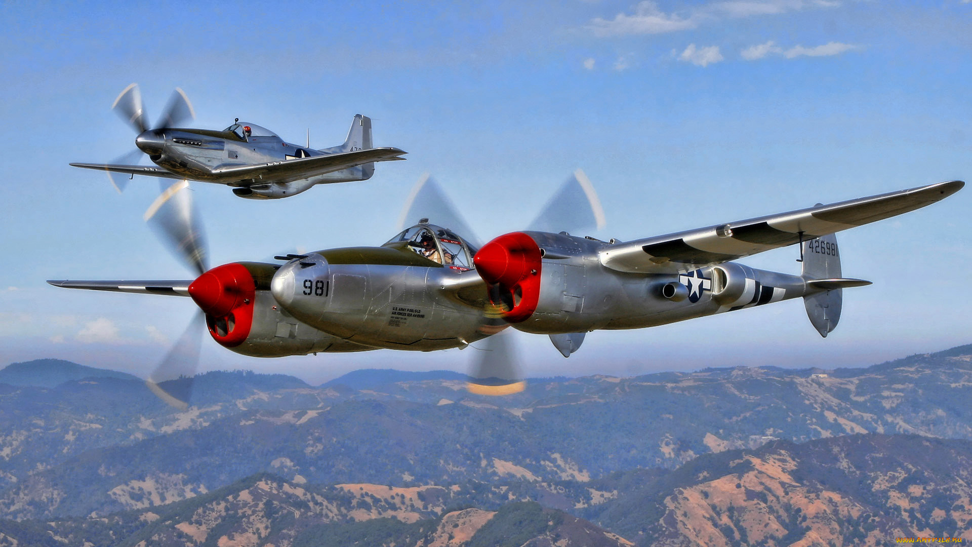 p-51, , p-38g, авиация, разные, вместе, истребитель, сопровождение, полет, бомбардировщик