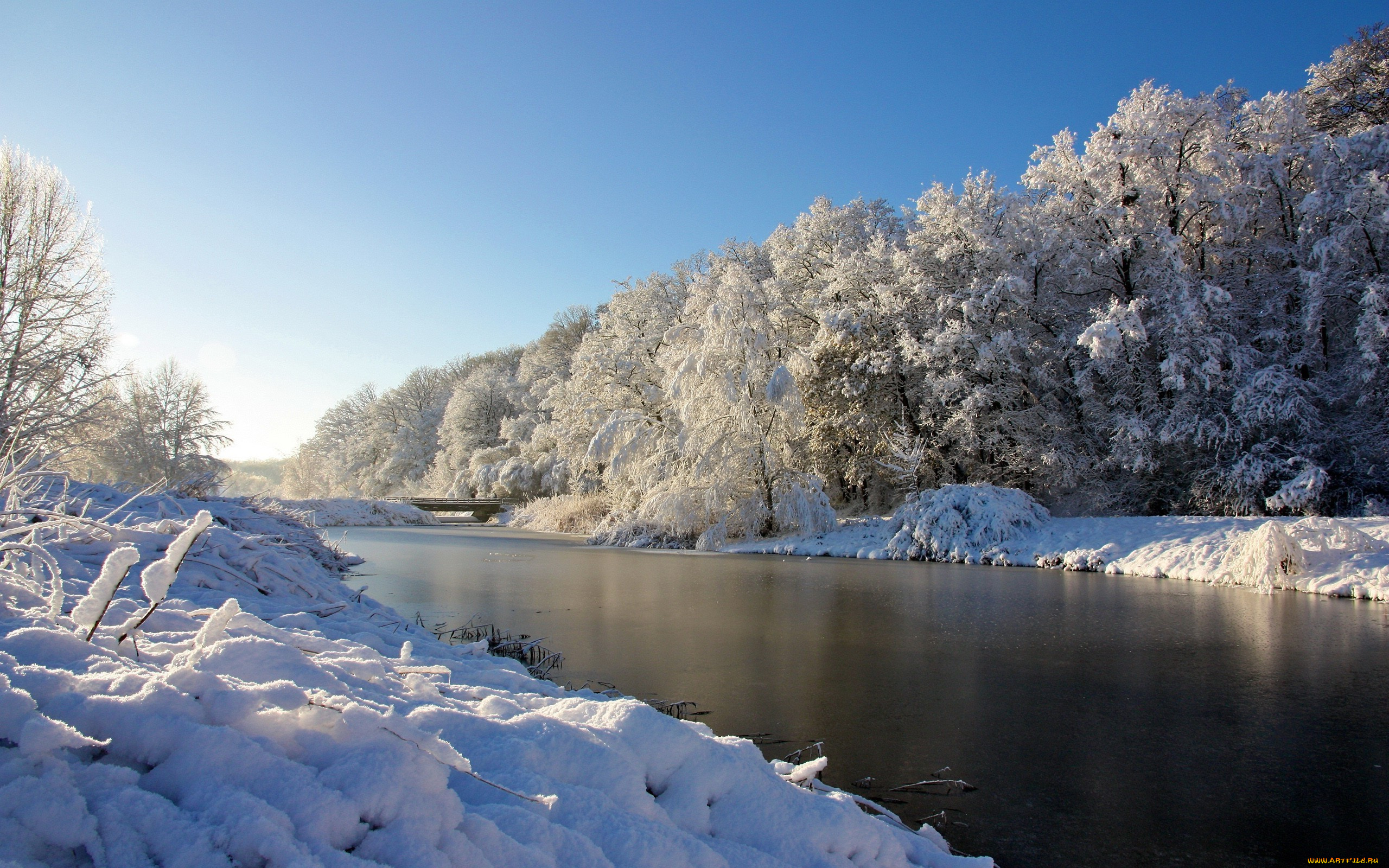 природа, зима, снег, деревья, река, мост