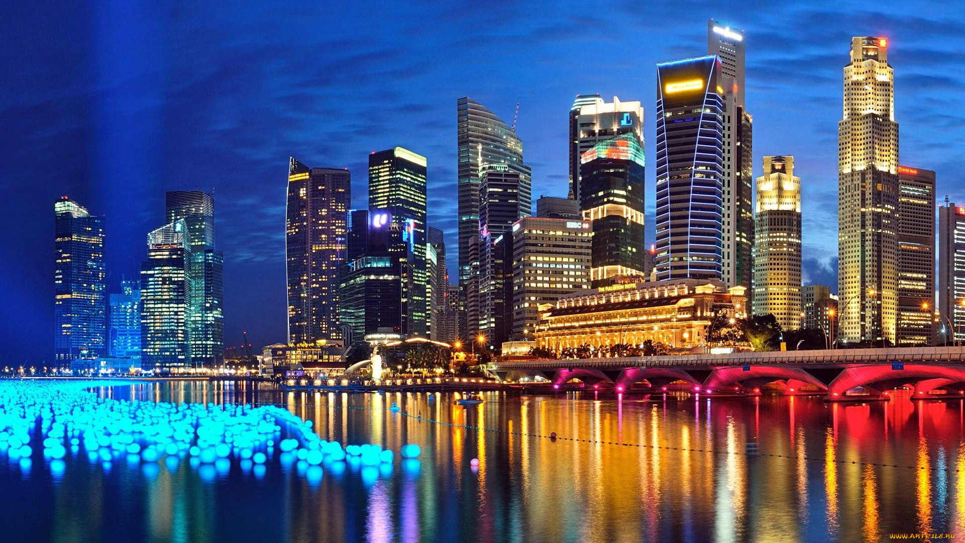 города, сингапур, , сингапур, река, мост, вечер, огни