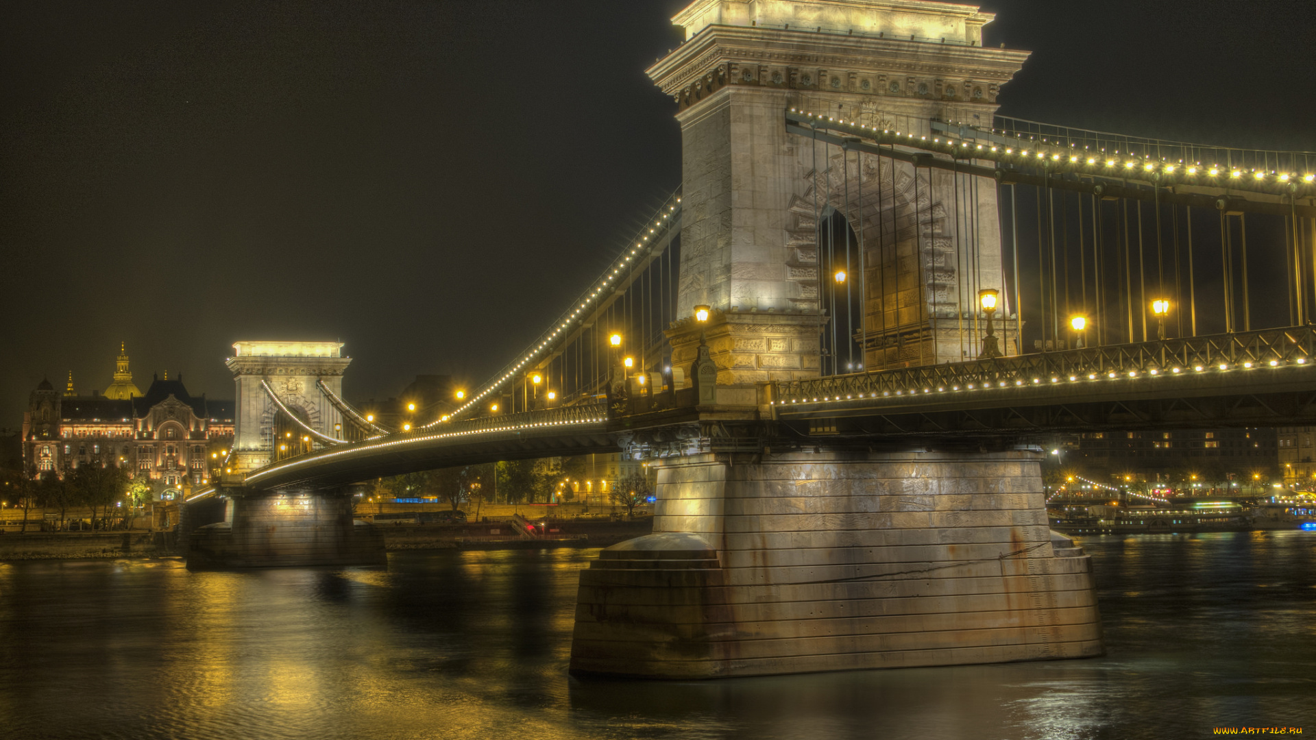 budapest, chain, bridge, города, будапешт, , венгрия, огни, ночь, мост, река