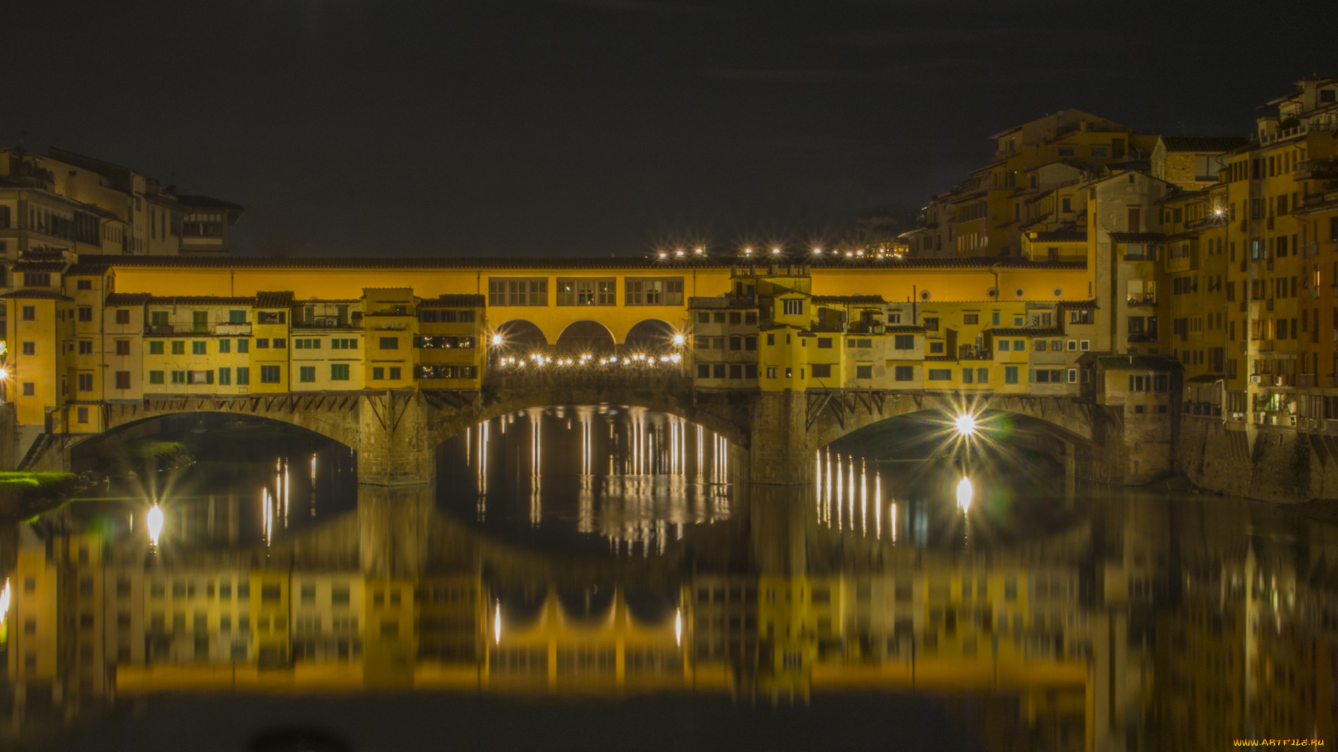 ponte, vecchio, bridge, florence, города, флоренция, , италия, мост, река, огни, ночь