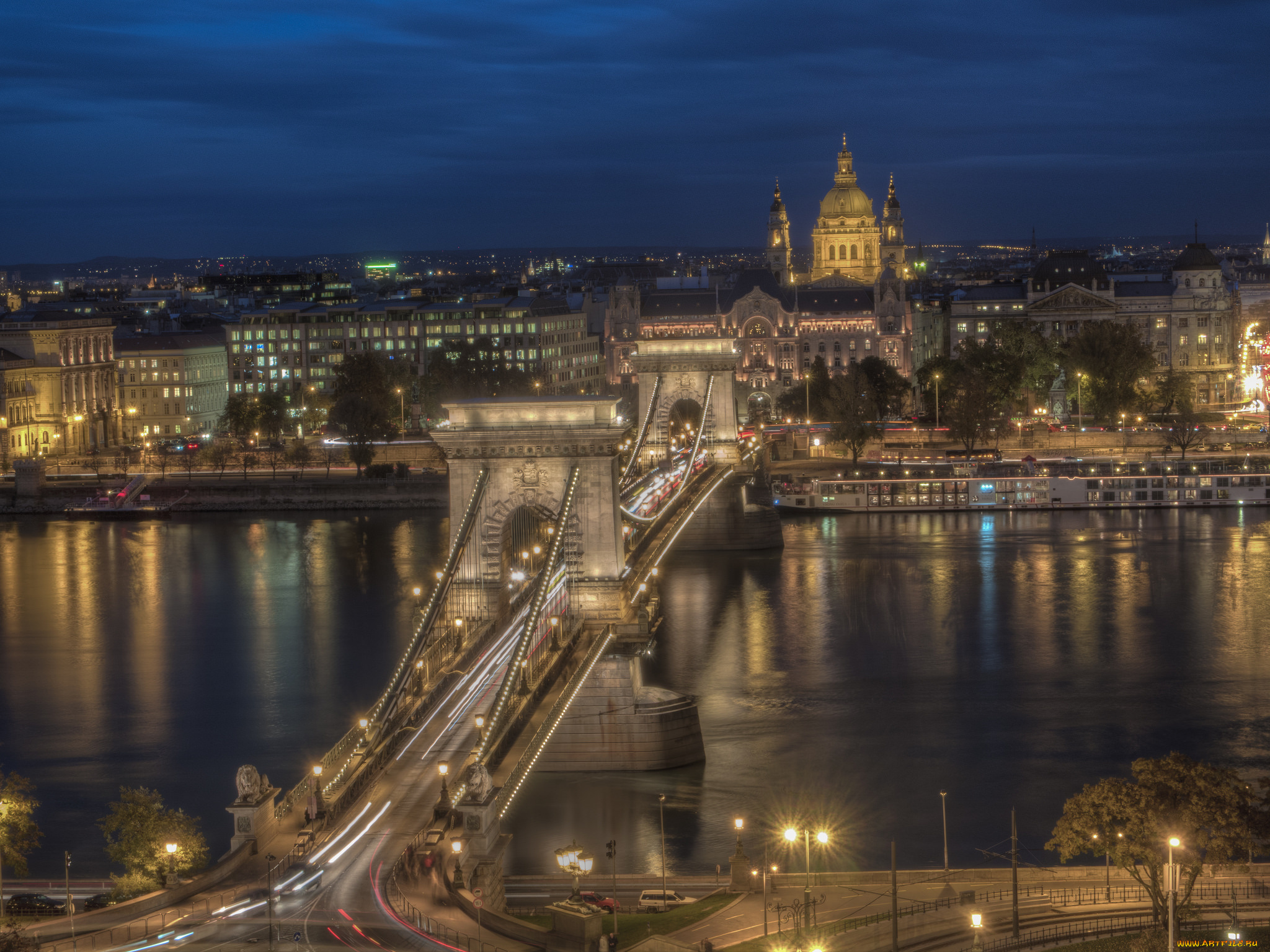 budapest, chain, bridge, города, будапешт, , венгрия, огни, ночь, мост, река