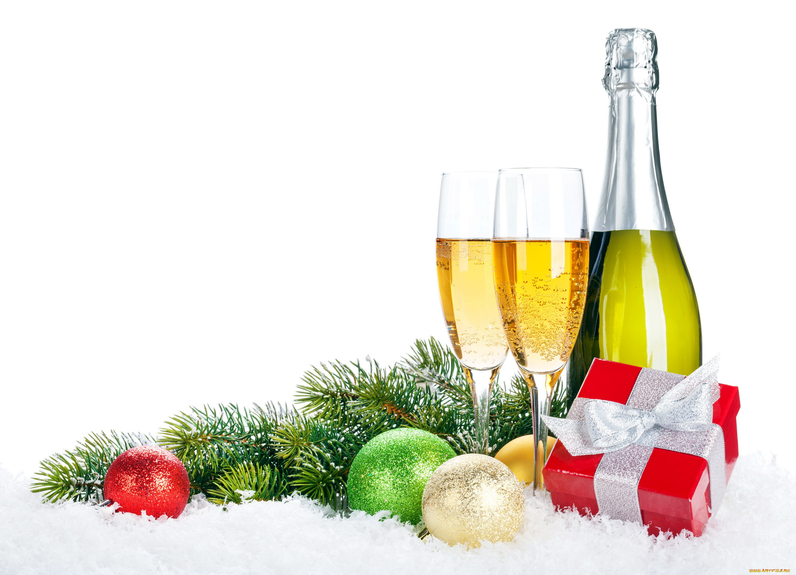 праздничные, угощения, подарок, ветка, шарики, шампанское