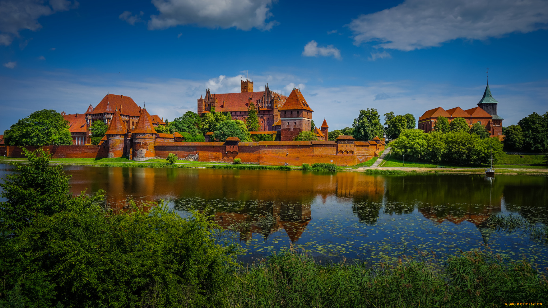 malbork, castle, города, замки, польши, замок, река