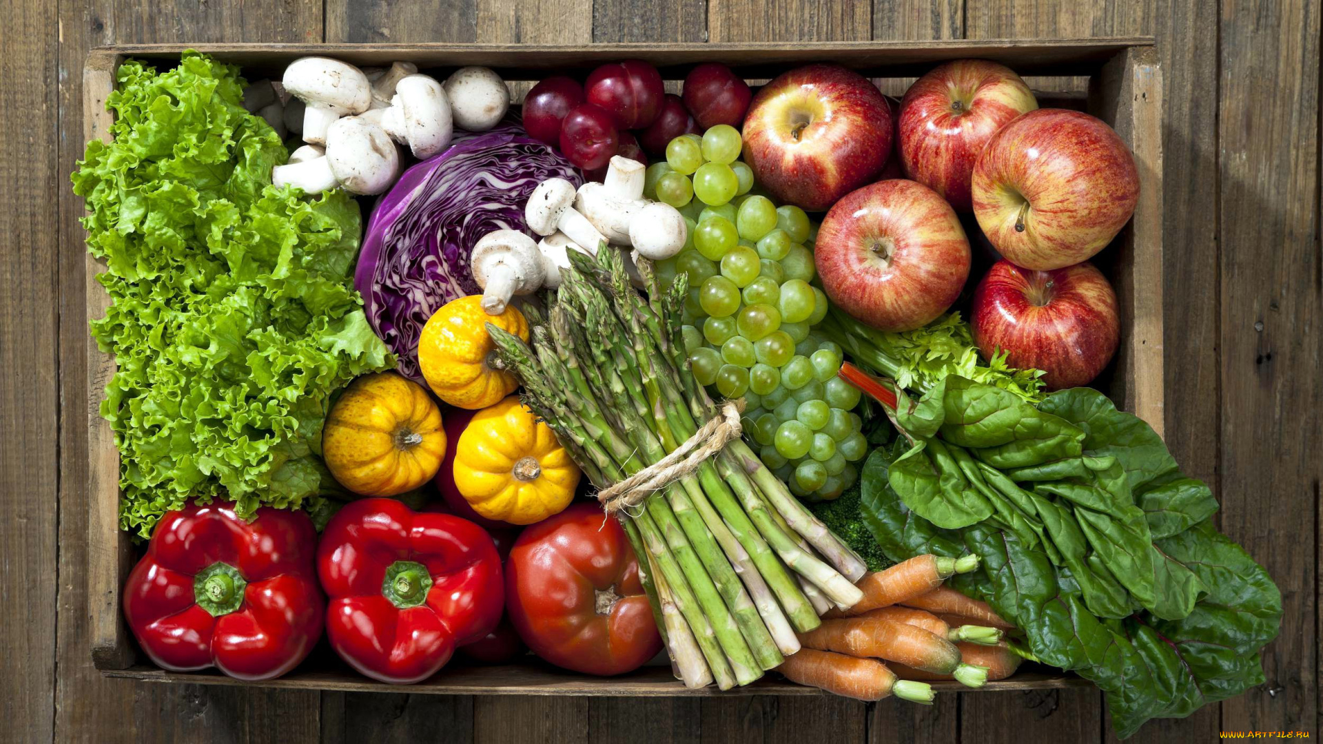 еда, фрукты, и, овощи, вместе, виноград, яблоки, перец, салат, спаржа