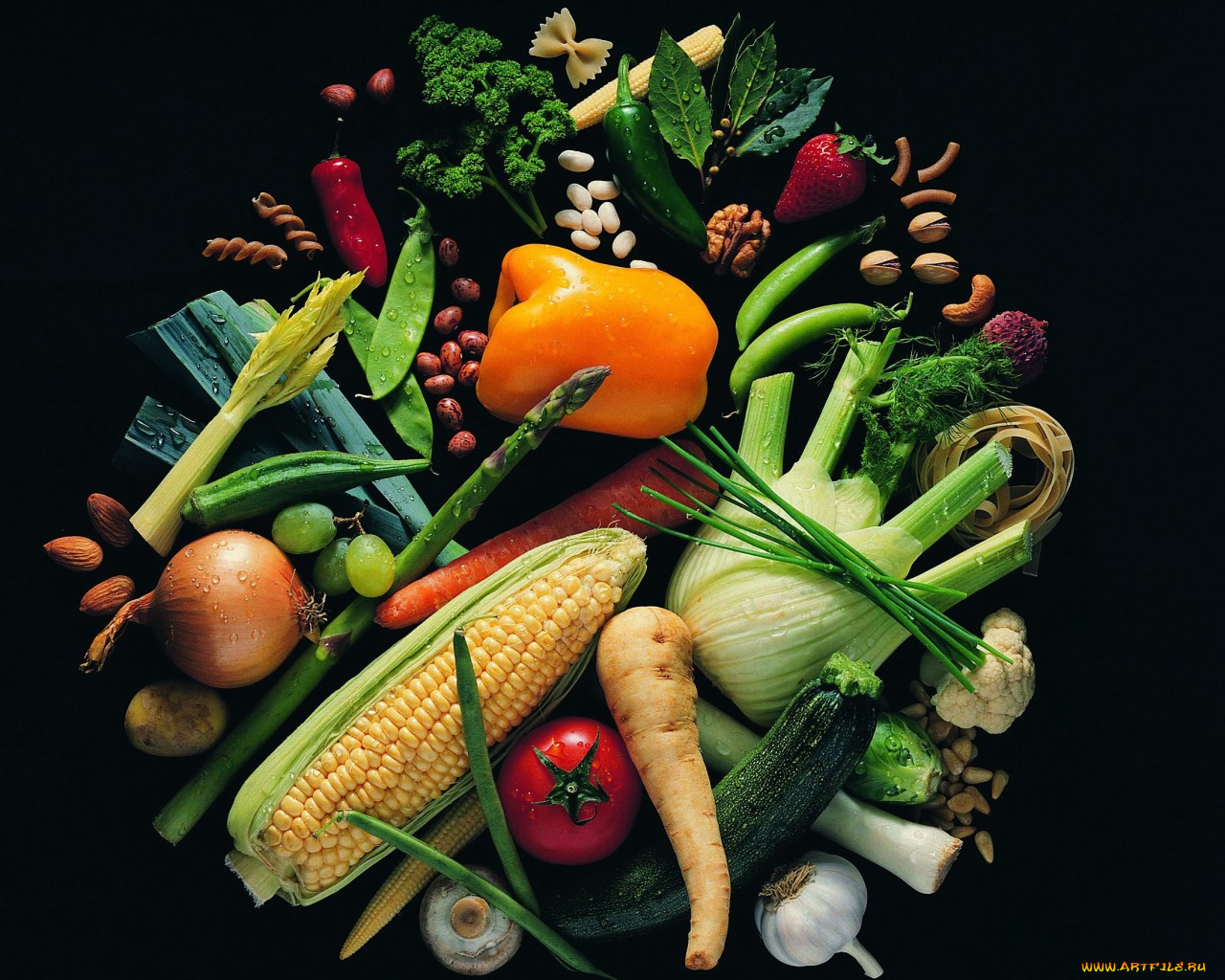еда, овощи, болгарский, перец, помидор, брокколи, кукуруза, имбирь, маис, цветная, капуста, красный, оранжевый, зелёный, белый, фон, томаты