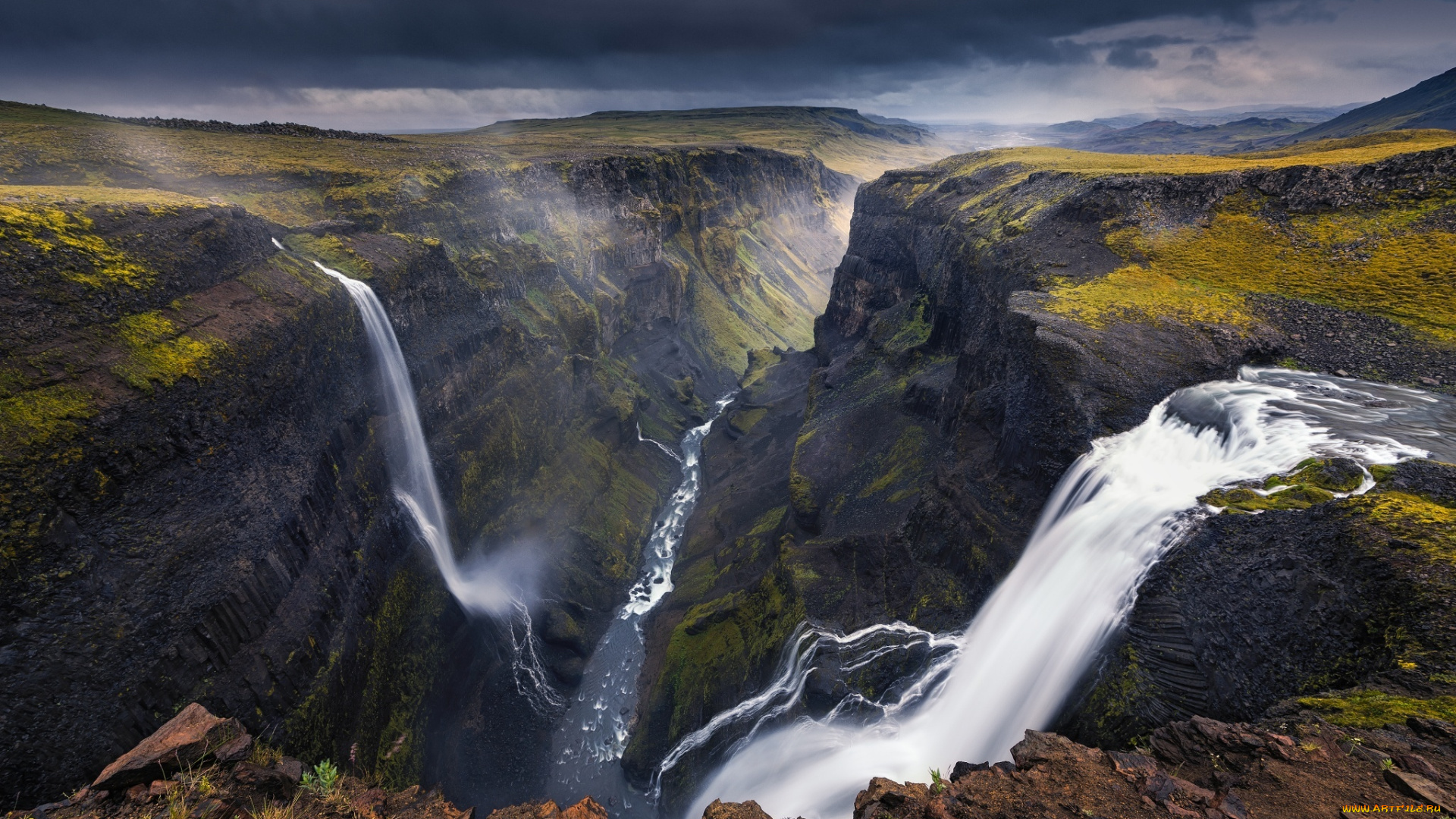 природа, водопады, исландия, ущелье, река, каньон
