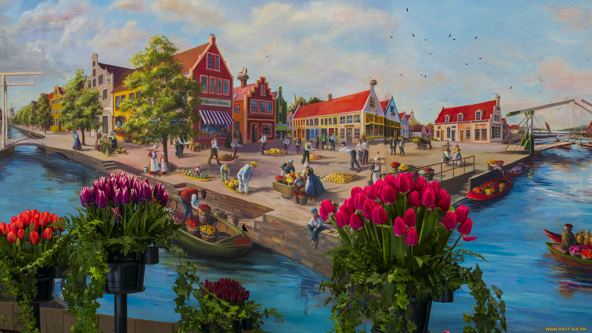 рисованное, живопись, люди, цветы, дома, пейзаж, нидерланды