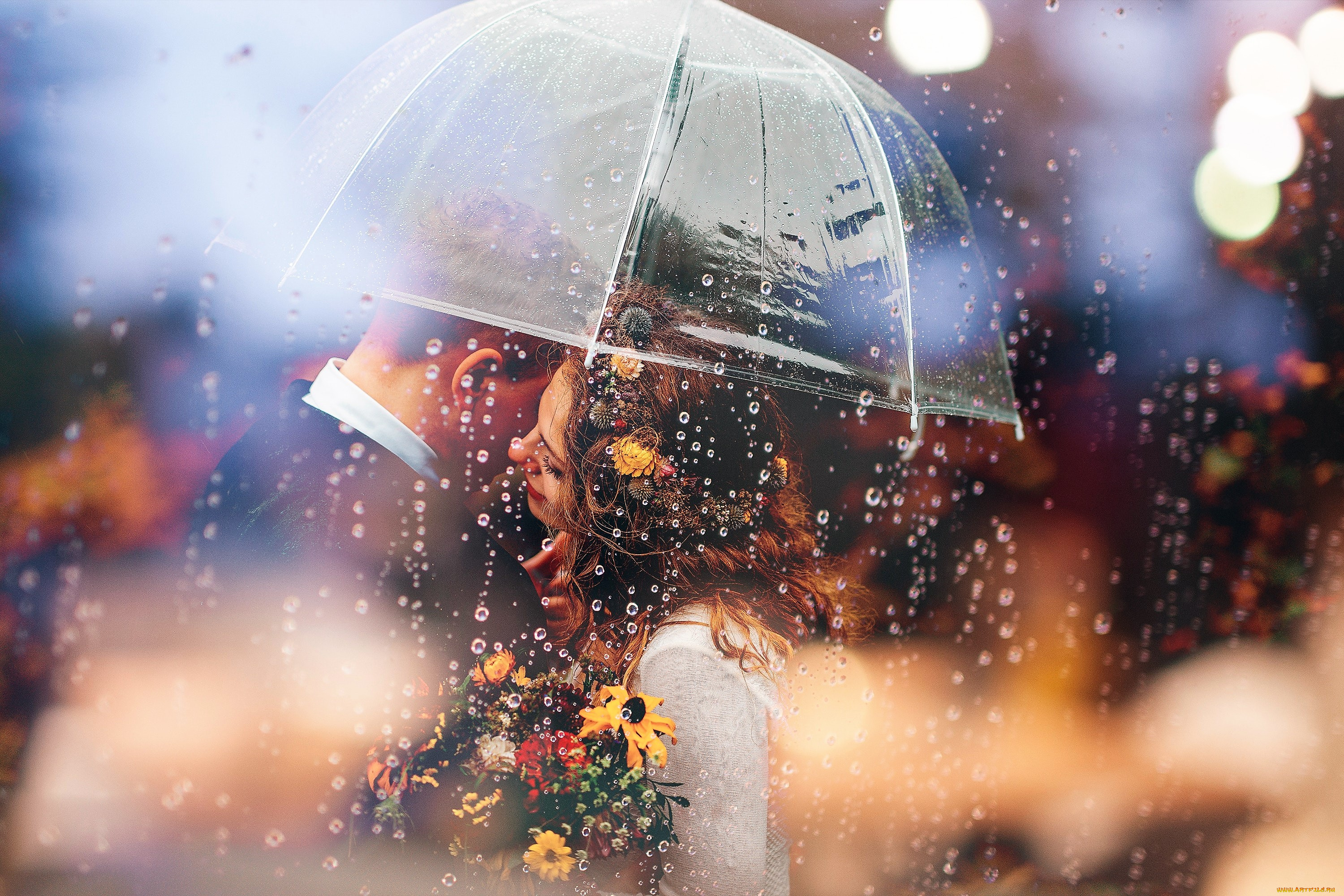 разное, мужчина, женщина, пара, цветы, зонт, дождь
