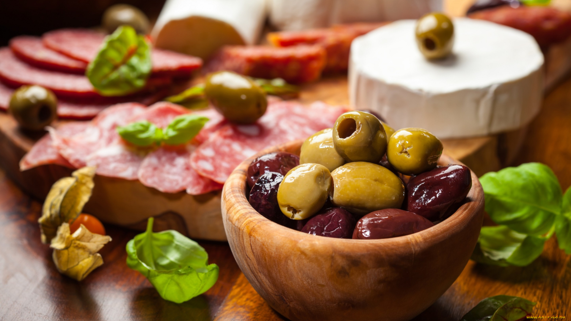 еда, разное, салями, листья, колбаса, сыр, оливки, маслины