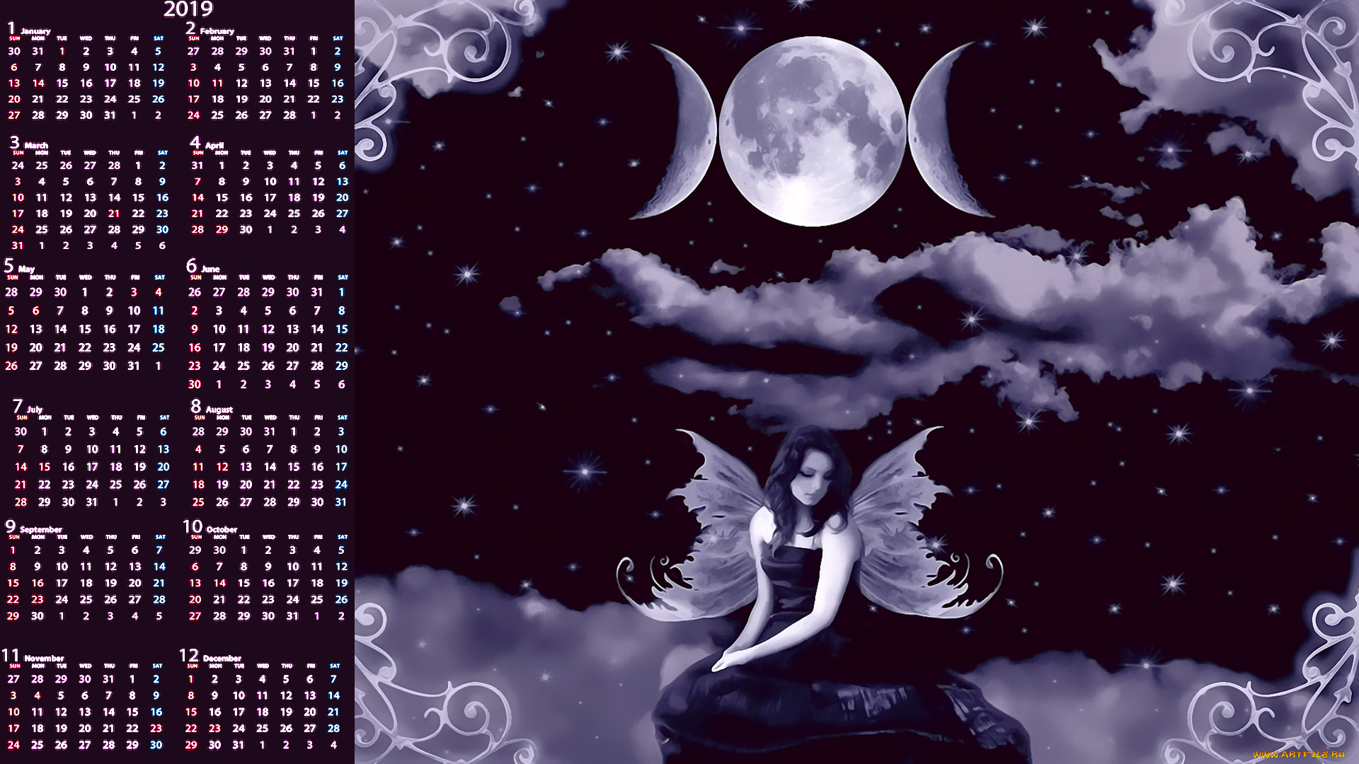 календари, фэнтези, ночь, луна, девушка, крылья