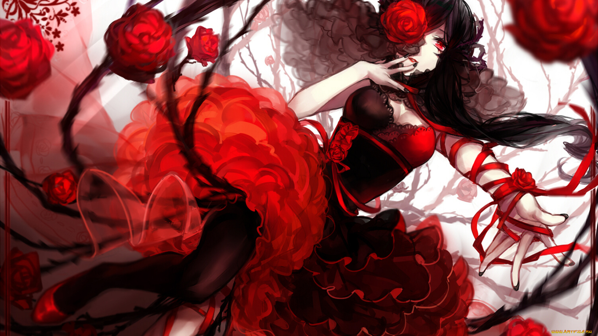 аниме, *unknown, , другое, девушка, розы, красное, платье, лента