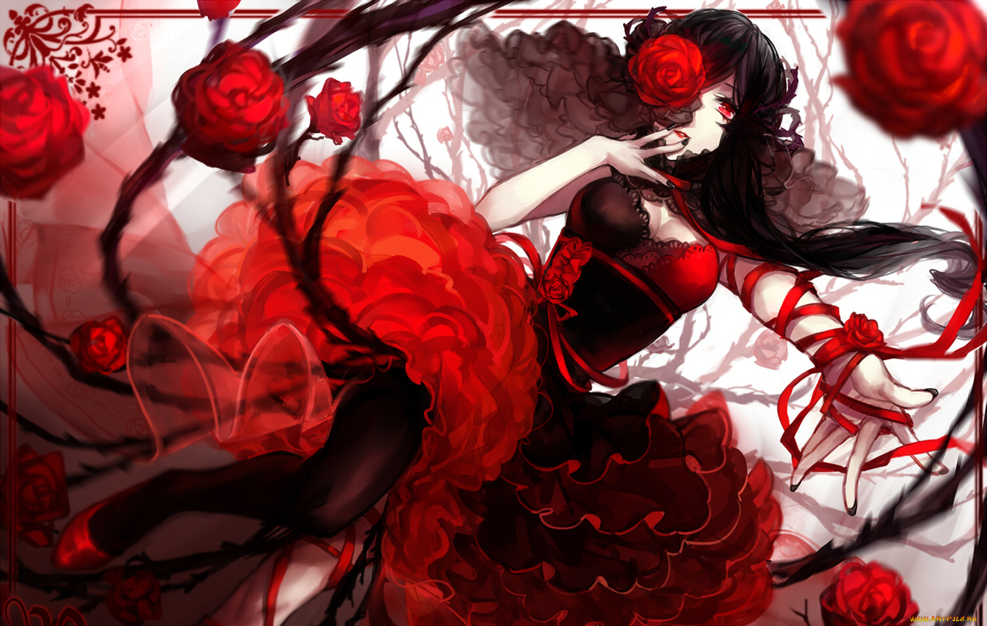 аниме, *unknown, , другое, девушка, розы, красное, платье, лента