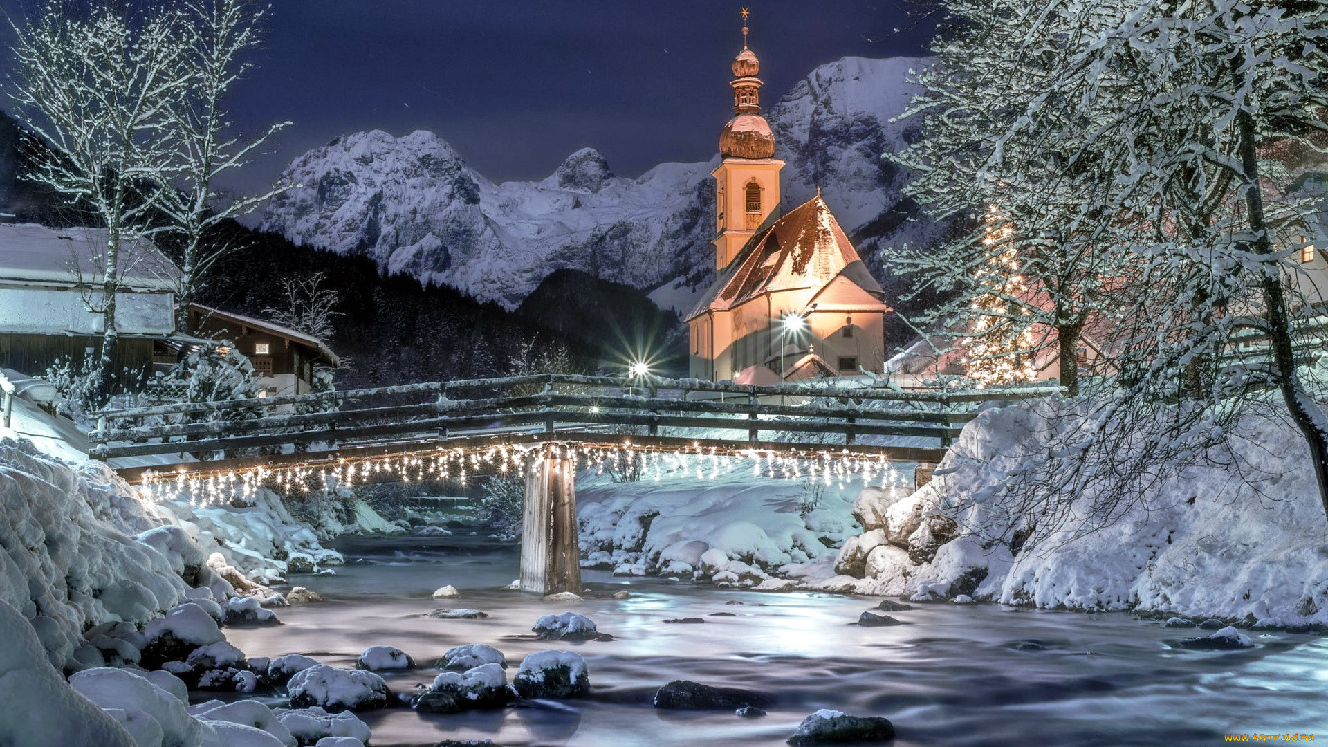berchtesgaden, города, -, мосты, зима, река, мост, снег