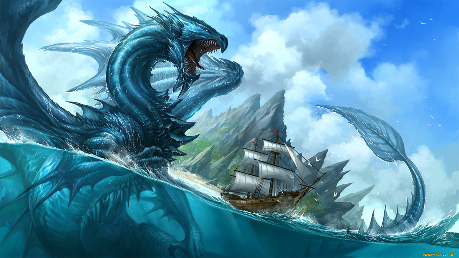 фэнтези, драконы, арт, дракон, море, вода, корабль