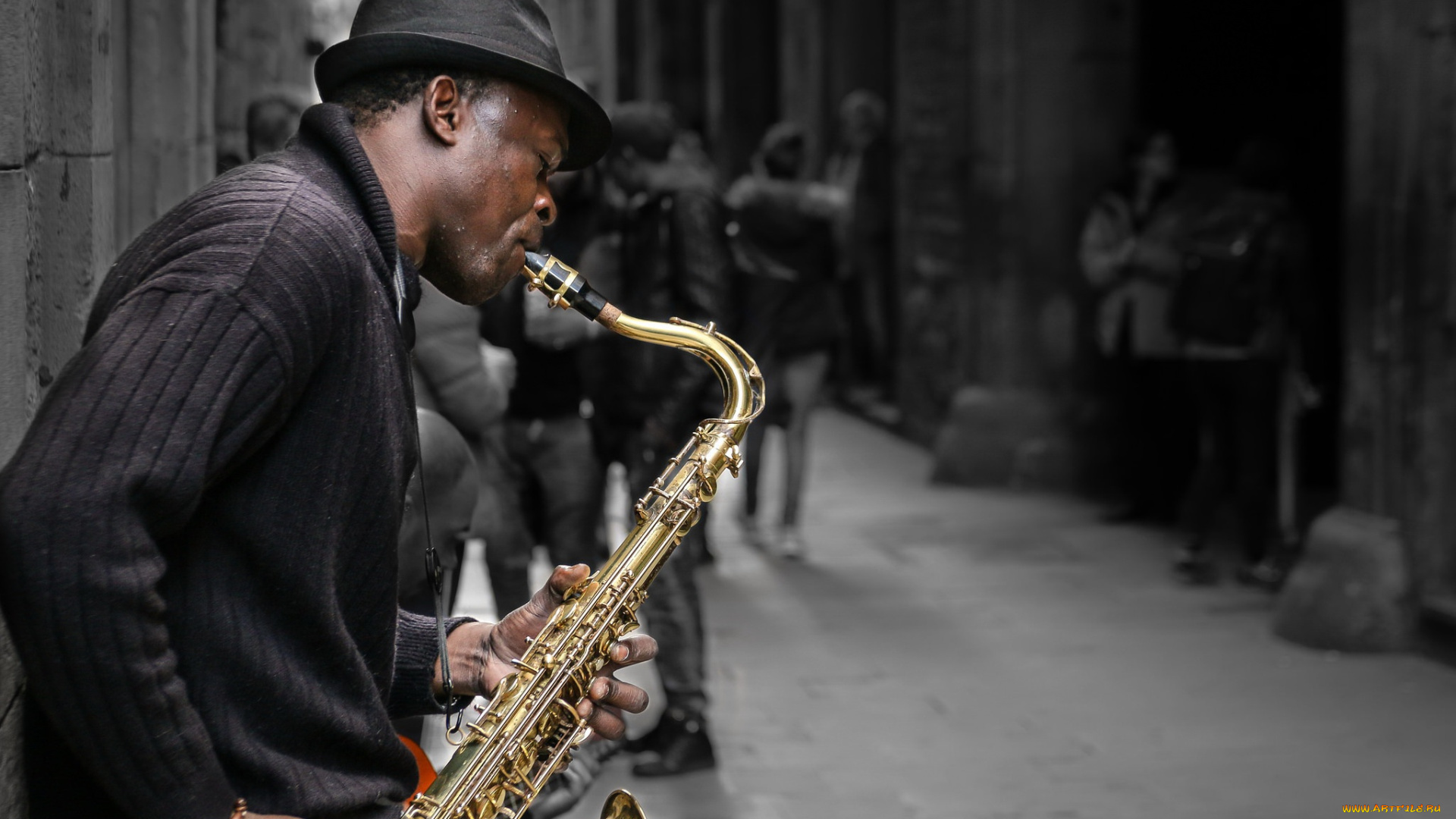музыка, -другое, саксофон, мужчина, шляпа, музыкант, улица