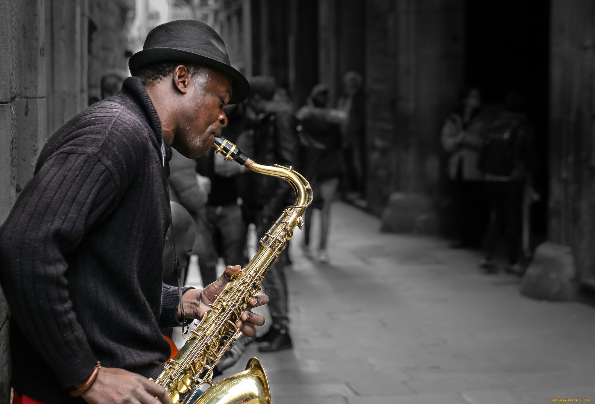 музыка, -другое, саксофон, мужчина, шляпа, музыкант, улица