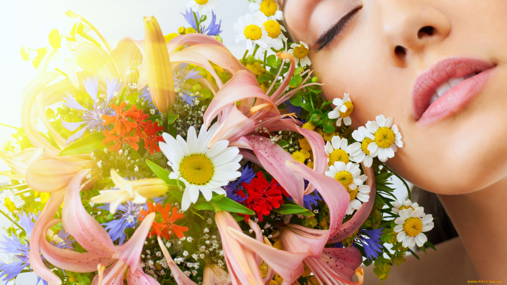 цветы, букеты, композиции, лицо, девушка, васельки, лилии, ромашки