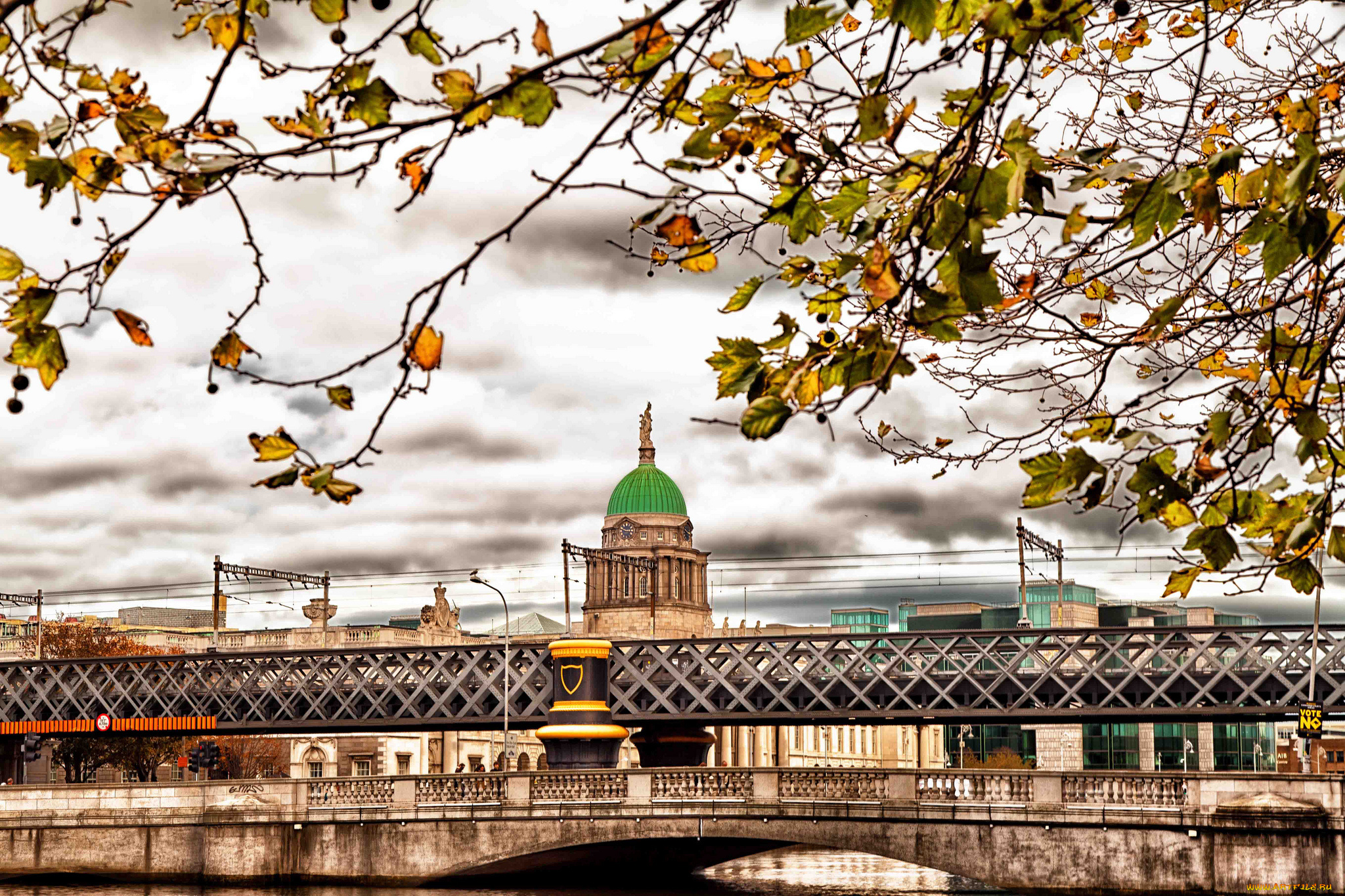 города, дублин, , ирландия, мост, осень, собор, купол, листья, ветки, река, дублин