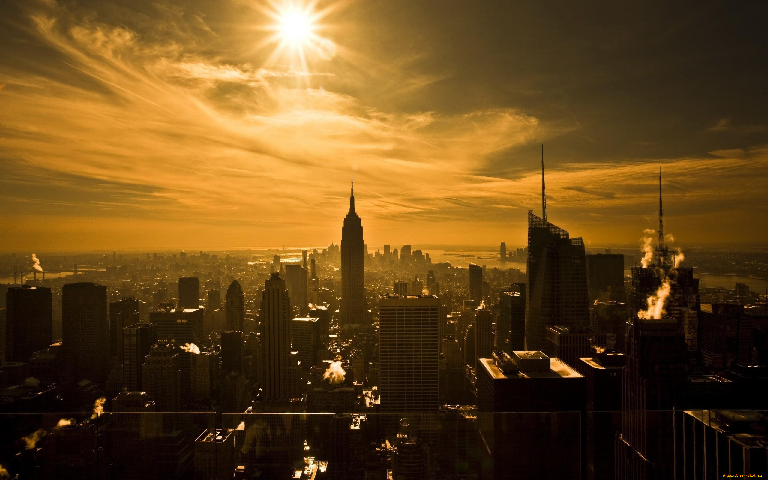 города, нью-йорк, , сша, небо, панорама, дома, здания, город, облака, солнце