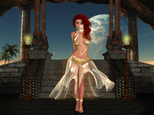 Картинка 3д+графика фантазия+ fantasy свечи лестница луна рыжая фон взгляд девушка