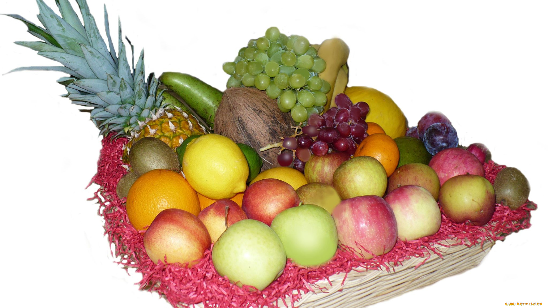 еда, фрукты, ягоды, яблоко, апельсин, лимон, киви, ананас, виноград
