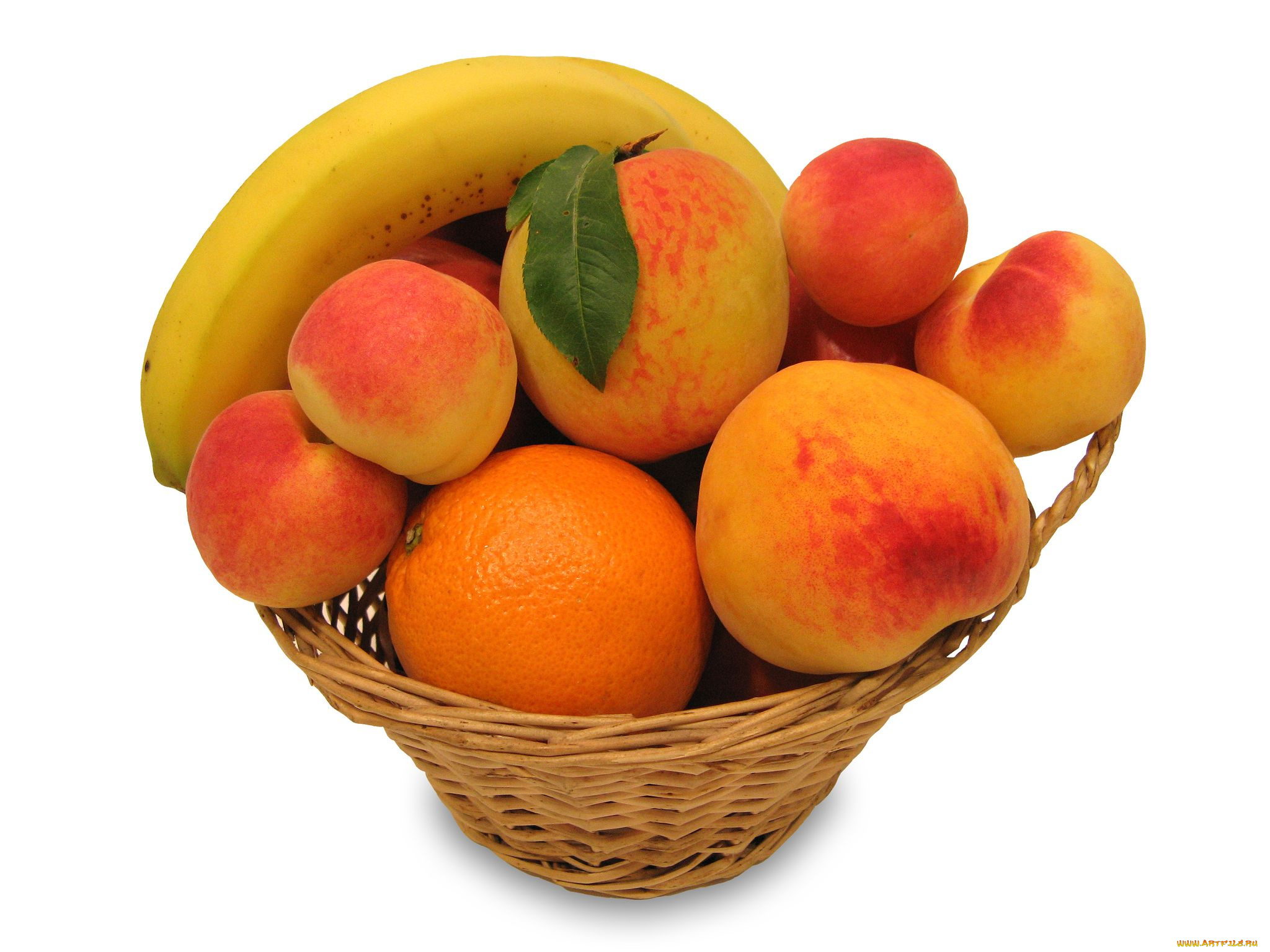еда, фрукты, ягоды, банан, персик, корзинка, апельсин