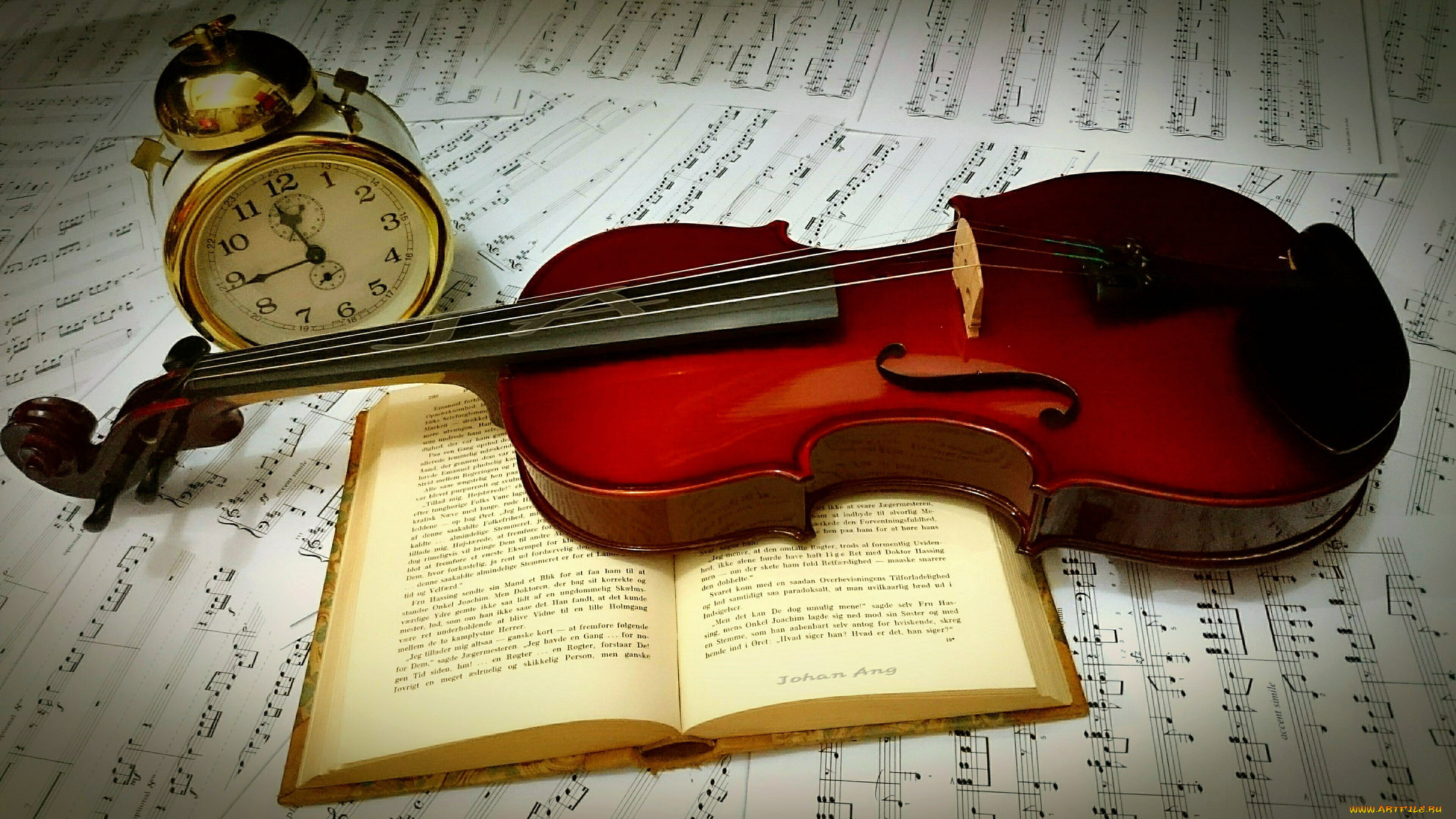 музыка, -музыкальные, инструменты, будильник, ноты, скрипка, книга