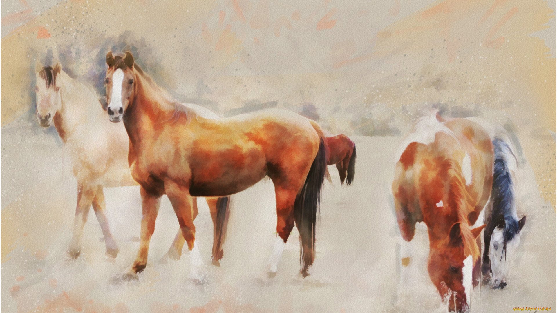 рисованное, животные, , лошади, поле, пасутся, пастельные, тона, кони, лошади, графика, живопись, картина