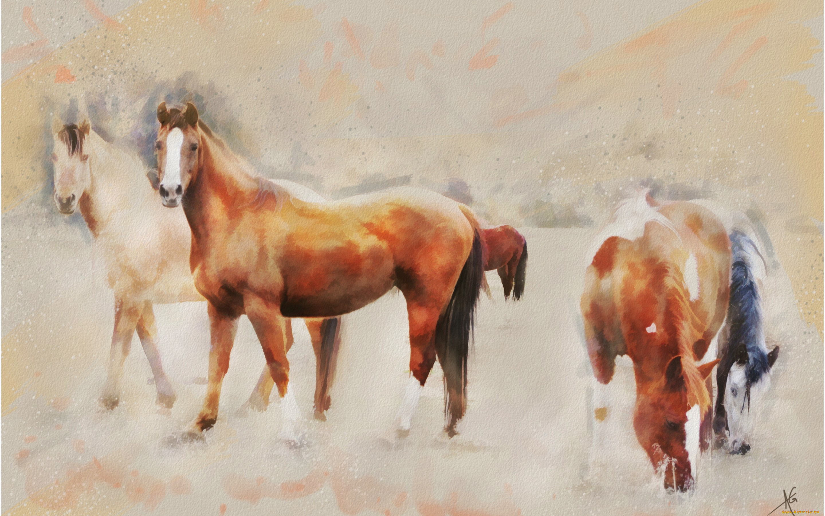 рисованное, животные, , лошади, поле, пасутся, пастельные, тона, кони, лошади, графика, живопись, картина