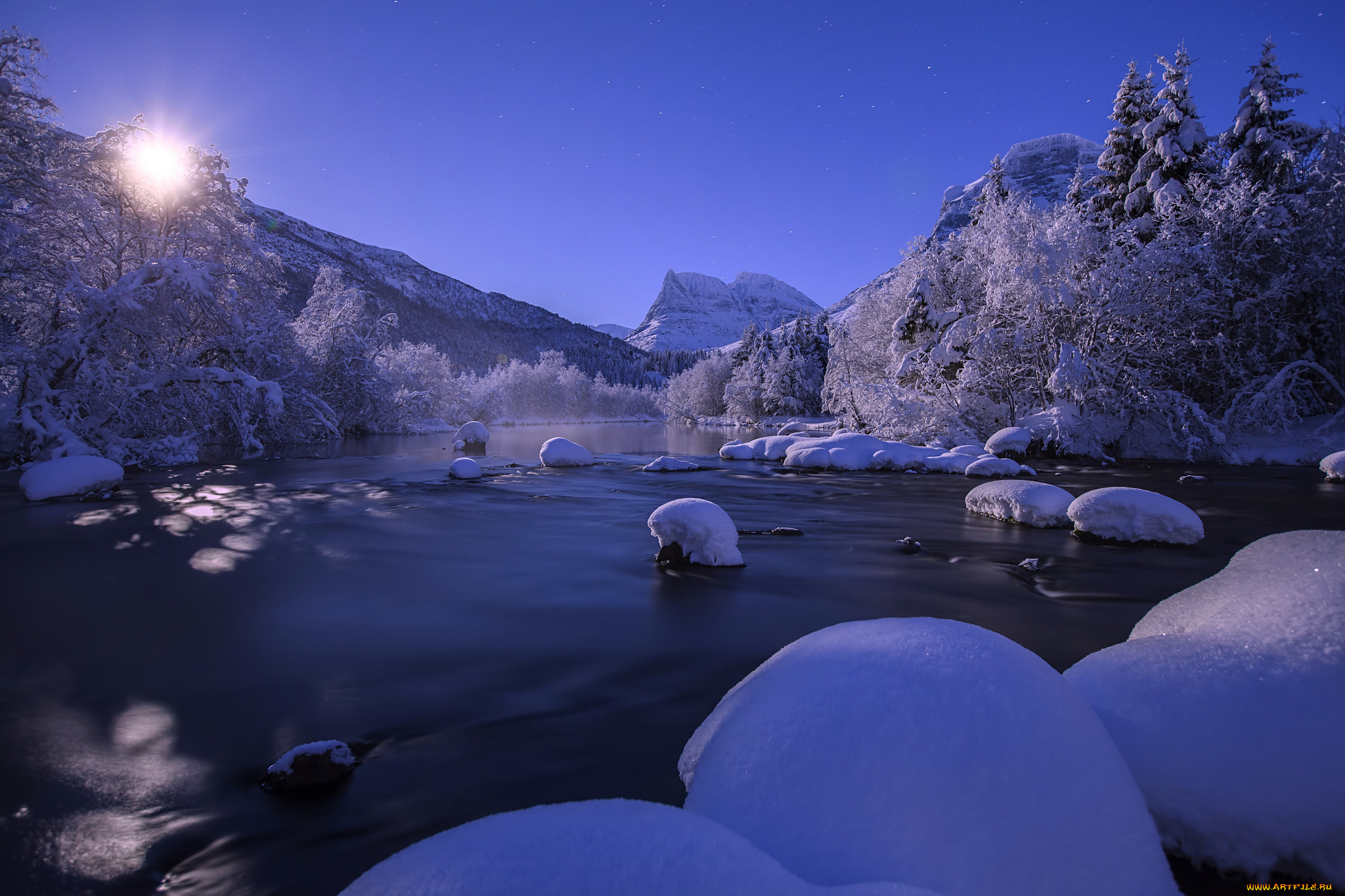 природа, зима, norway, норвегия, река, снег, горы, пейзаж