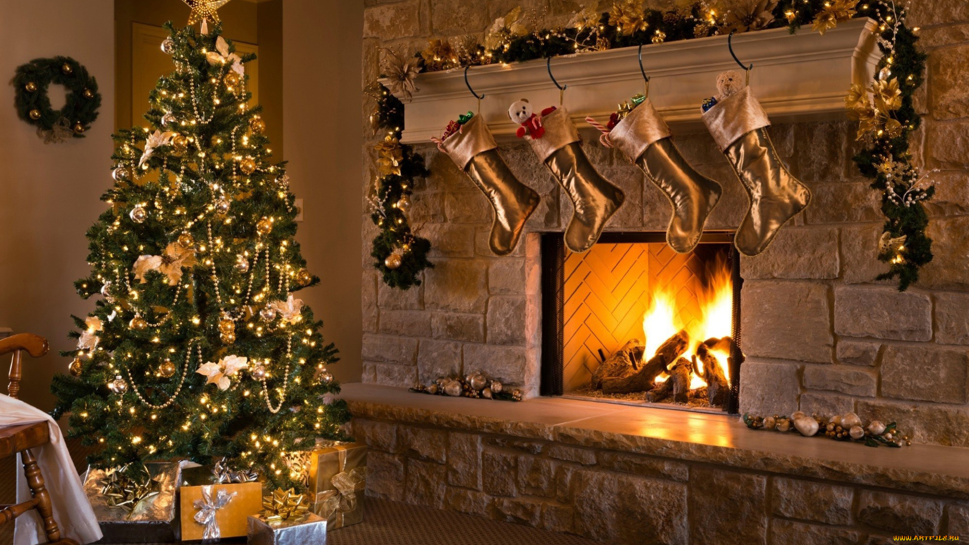 праздничные, новогодний, очаг, подарки, камин, елка