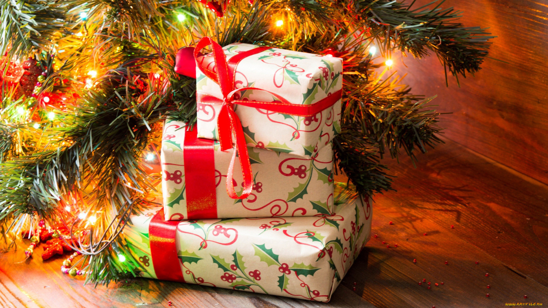 праздничные, подарки, и, коробочки, бант, ленты, подарки, мишура, елка