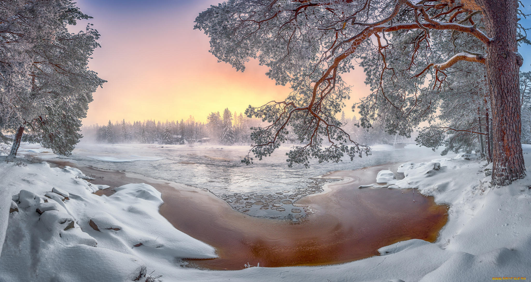 природа, зима, закат, пейзаж, деревья, река