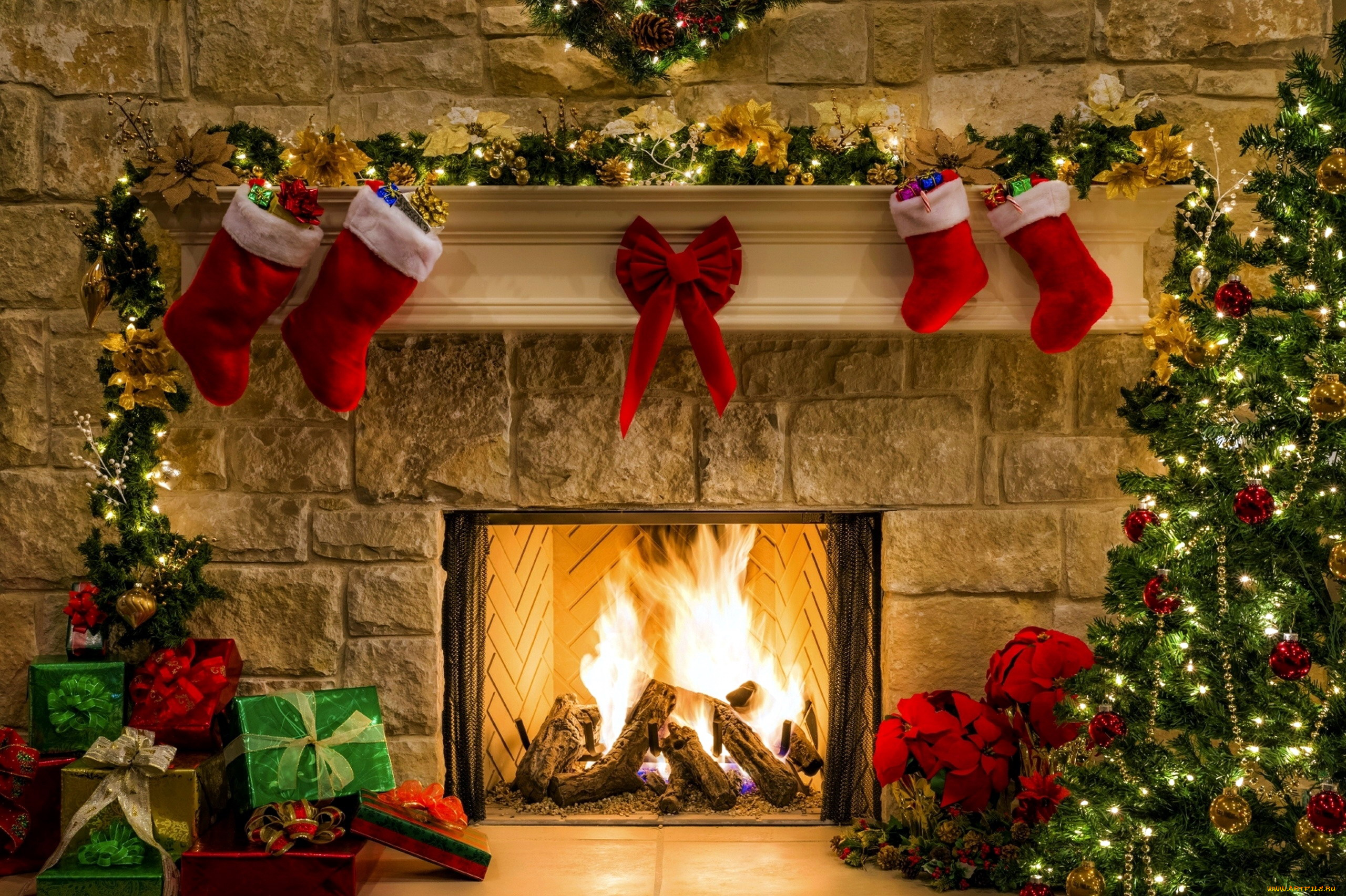 праздничные, новогодний, очаг, камин, подарки, елка, гирлянды