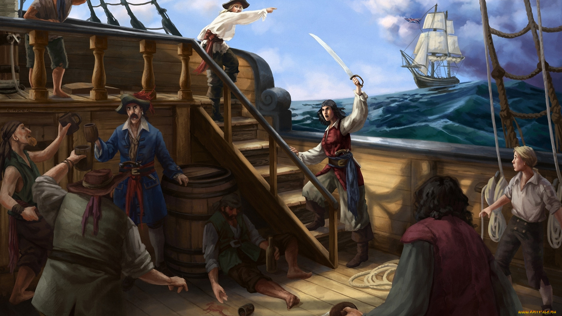 фэнтези, люди, корабль, море, пьянство, палуба, флибустьеры, пираты