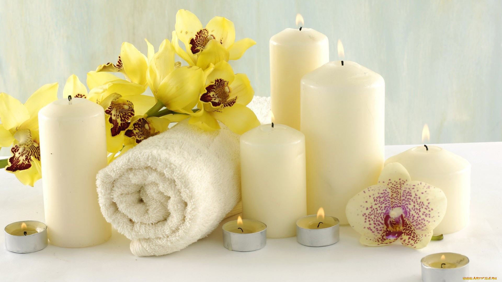 разное, свечи, орхидеи, полотенце, спа